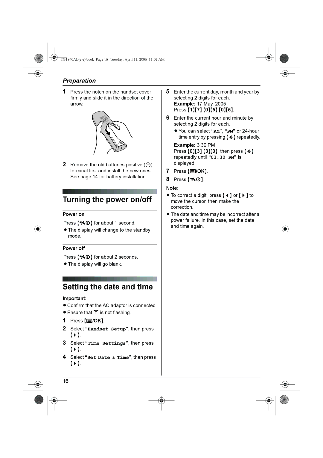 Panasonic KX-TG1840AL Turning the power on/off, Setting the date and time, Power on, Power off, Example 330 PM 