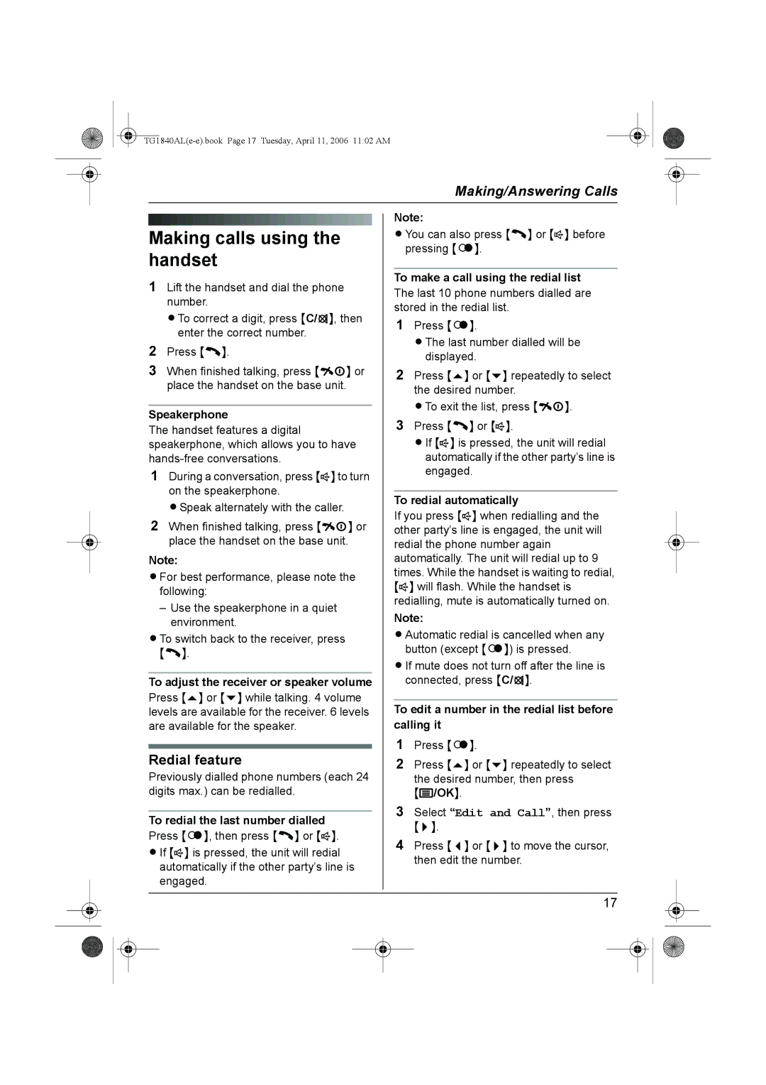 Panasonic KX-TG1840AL operating instructions Making calls using the handset, Redial feature 