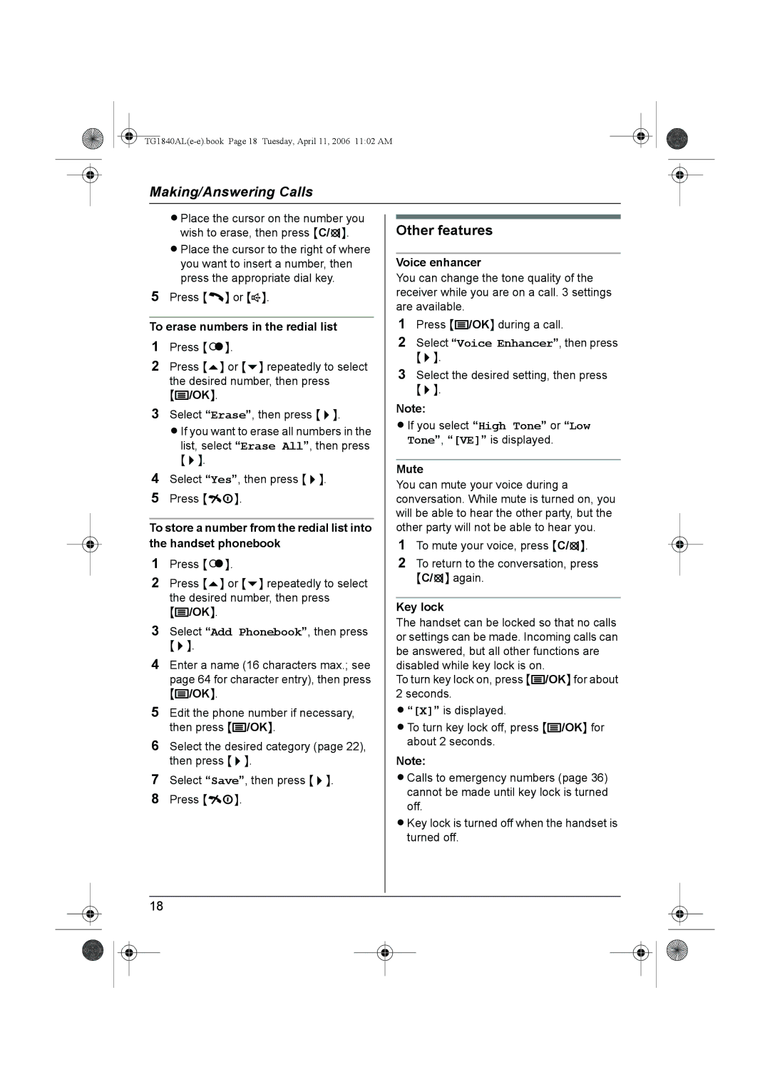 Panasonic KX-TG1840AL operating instructions Other features, To erase numbers in the redial list, Voice enhancer, Key lock 