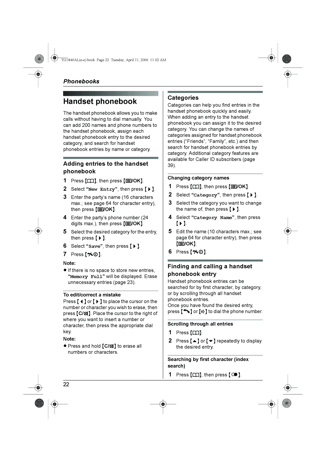 Panasonic KX-TG1840AL operating instructions Handset phonebook 