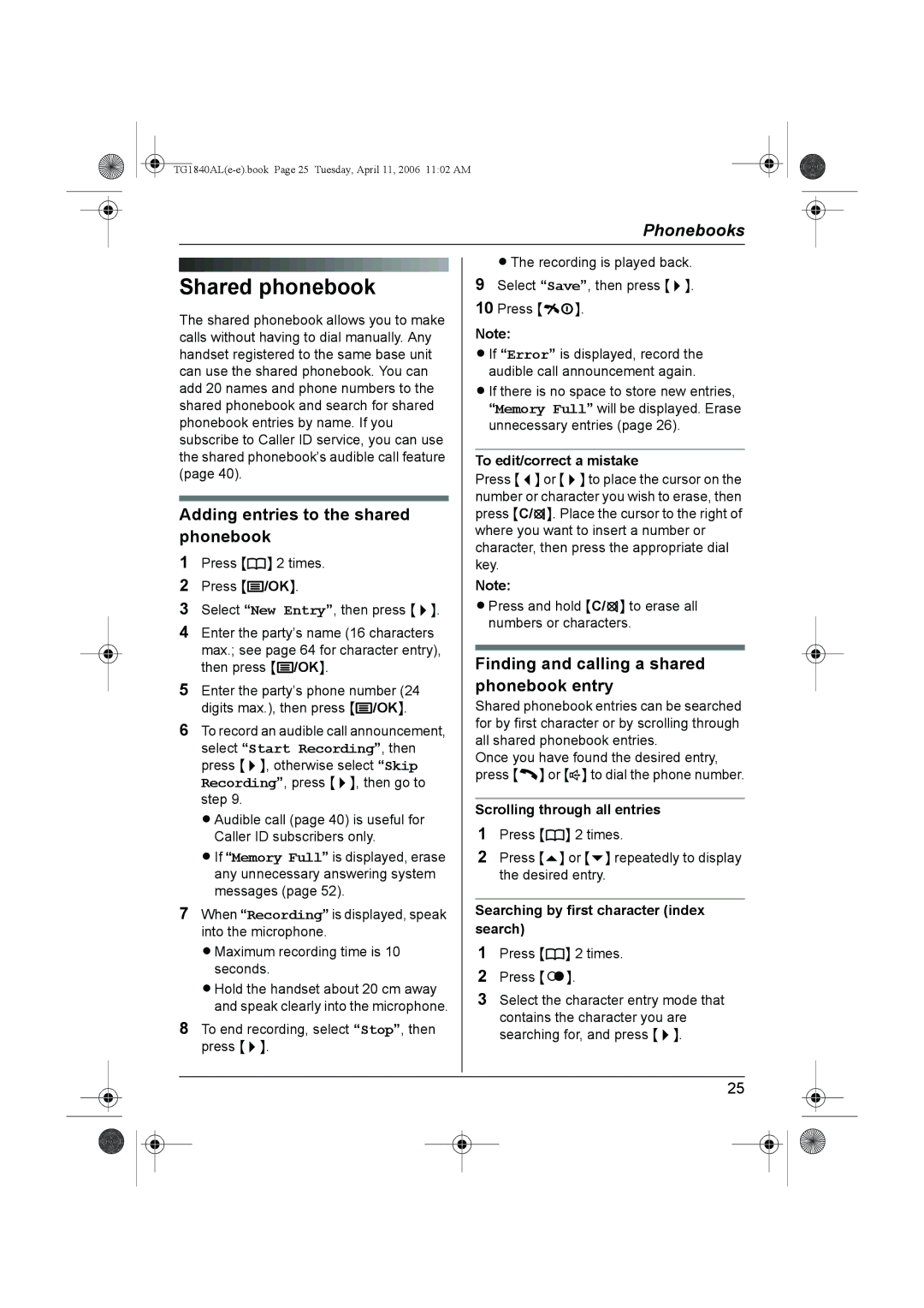 Panasonic KX-TG1840AL Shared phonebook, Adding entries to the shared phonebook, Searching by first character index search 