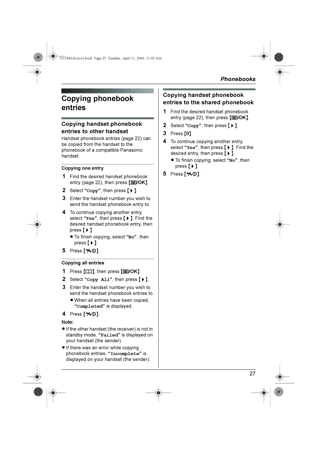 Panasonic KX-TG1840AL Copying phonebook entries, Copying handset phonebook entries to other handset, Copying one entry 