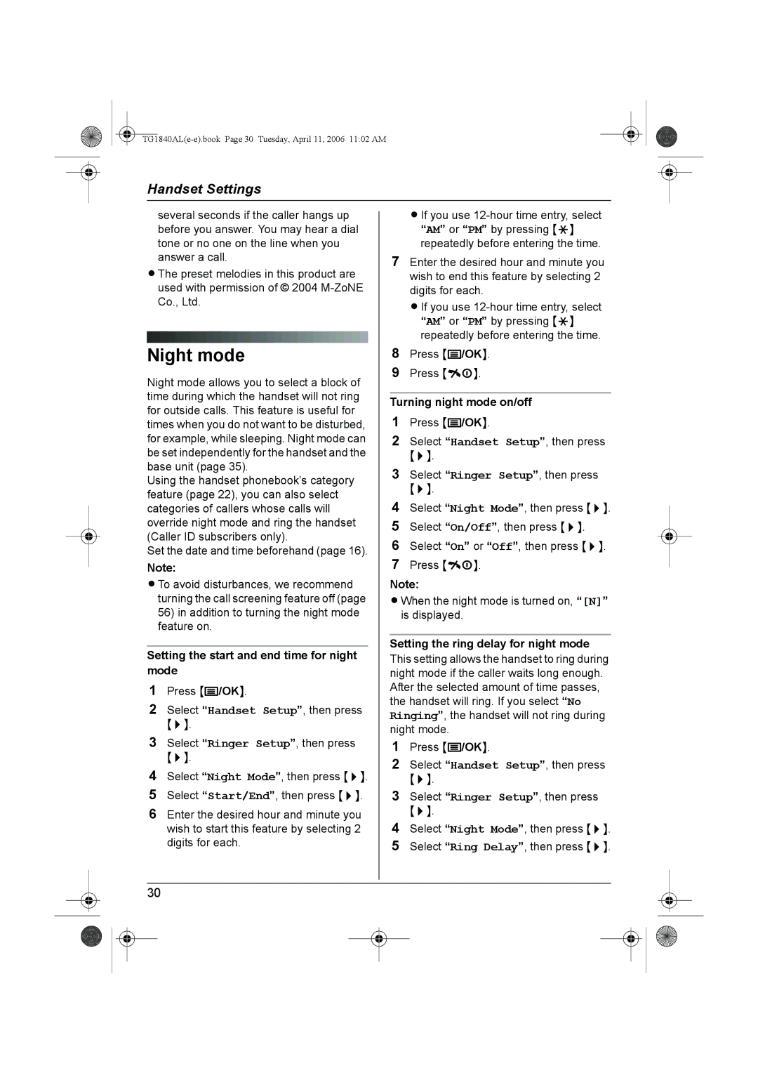 Panasonic KX-TG1840AL Night mode, Setting the start and end time for night mode, Turning night mode on/off 