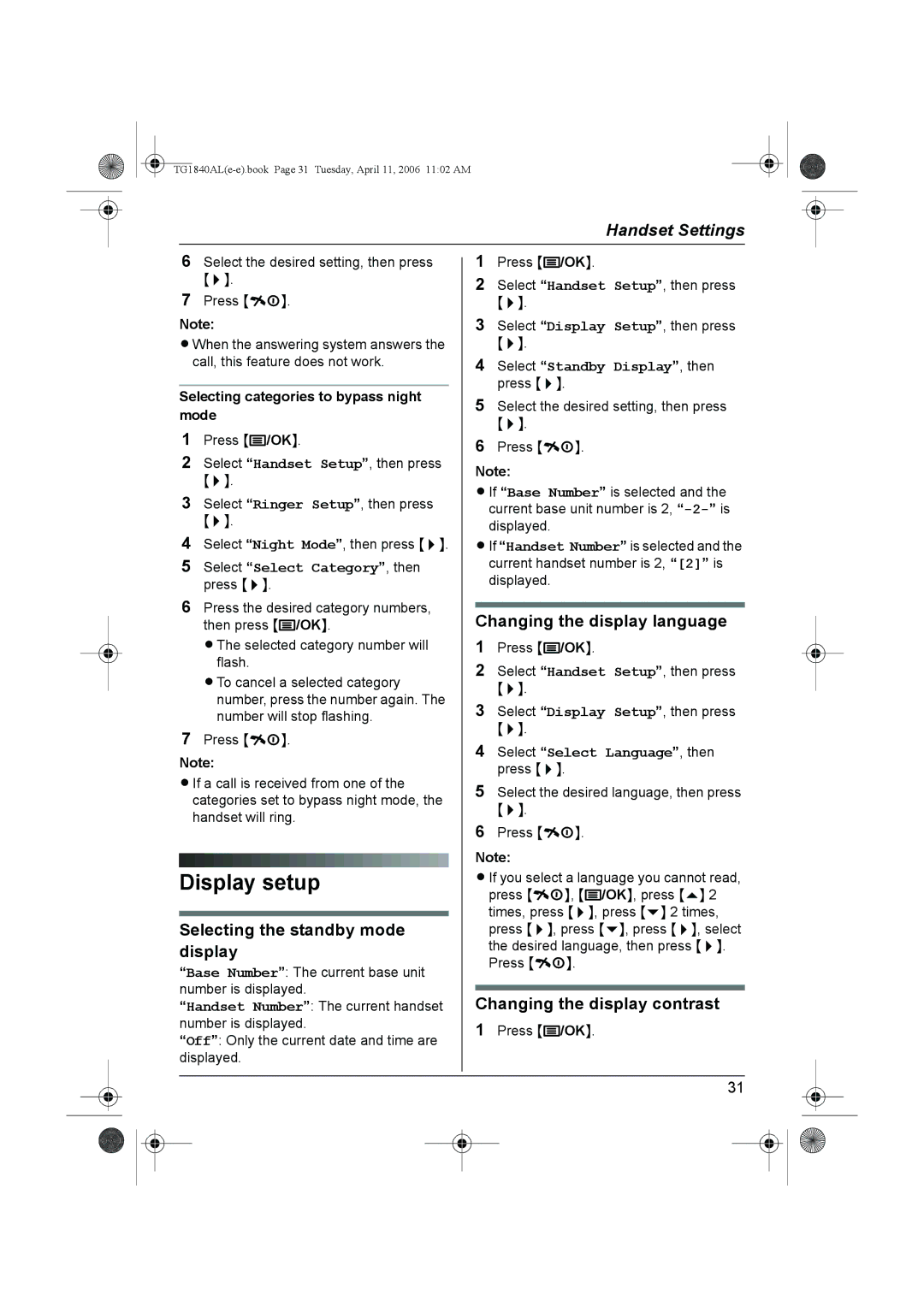 Panasonic KX-TG1840AL Display setup, Selecting the standby mode display, Changing the display language 