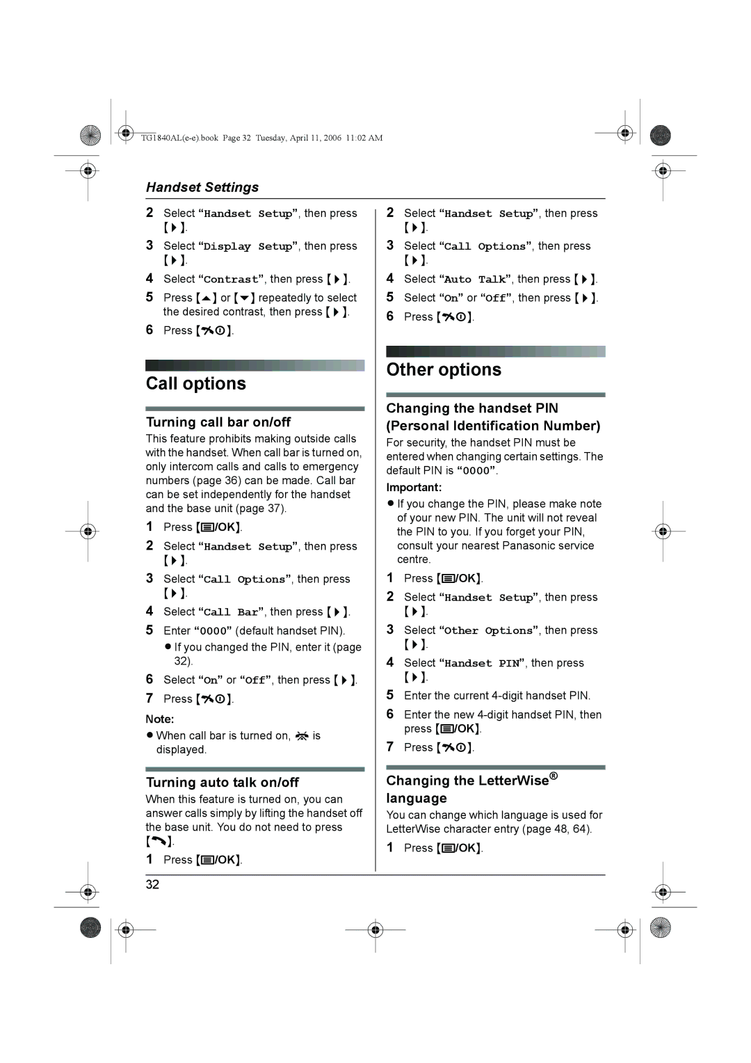 Panasonic KX-TG1840AL operating instructions Call options Other options 