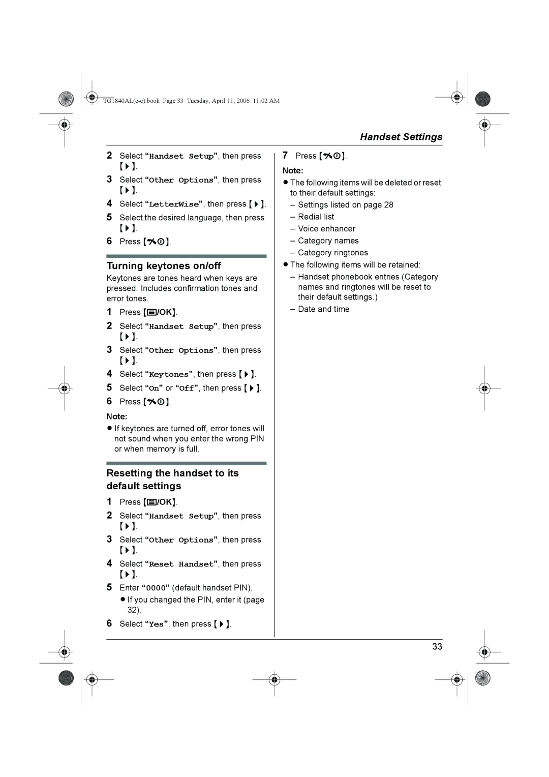 Panasonic KX-TG1840AL operating instructions Turning keytones on/off, Resetting the handset to its default settings 