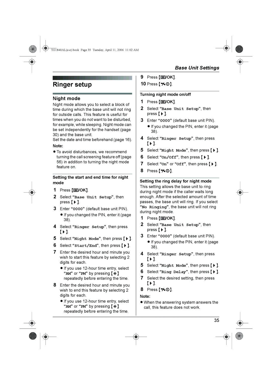 Panasonic KX-TG1840AL operating instructions Ringer setup, Night mode 