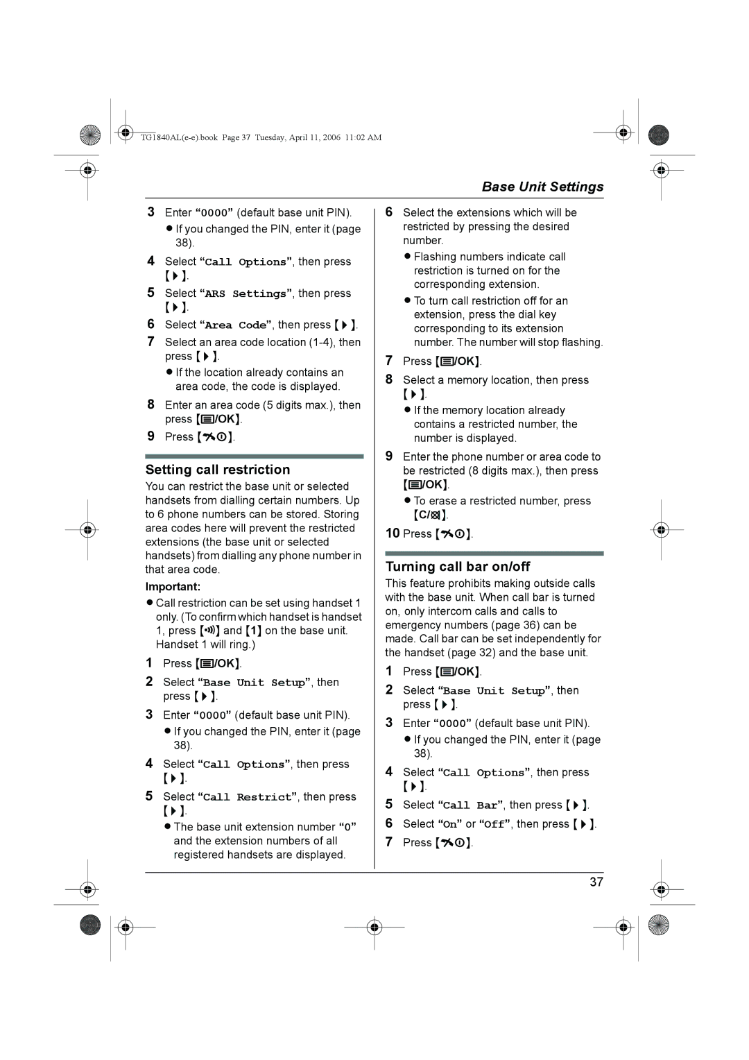 Panasonic KX-TG1840AL operating instructions Setting call restriction 