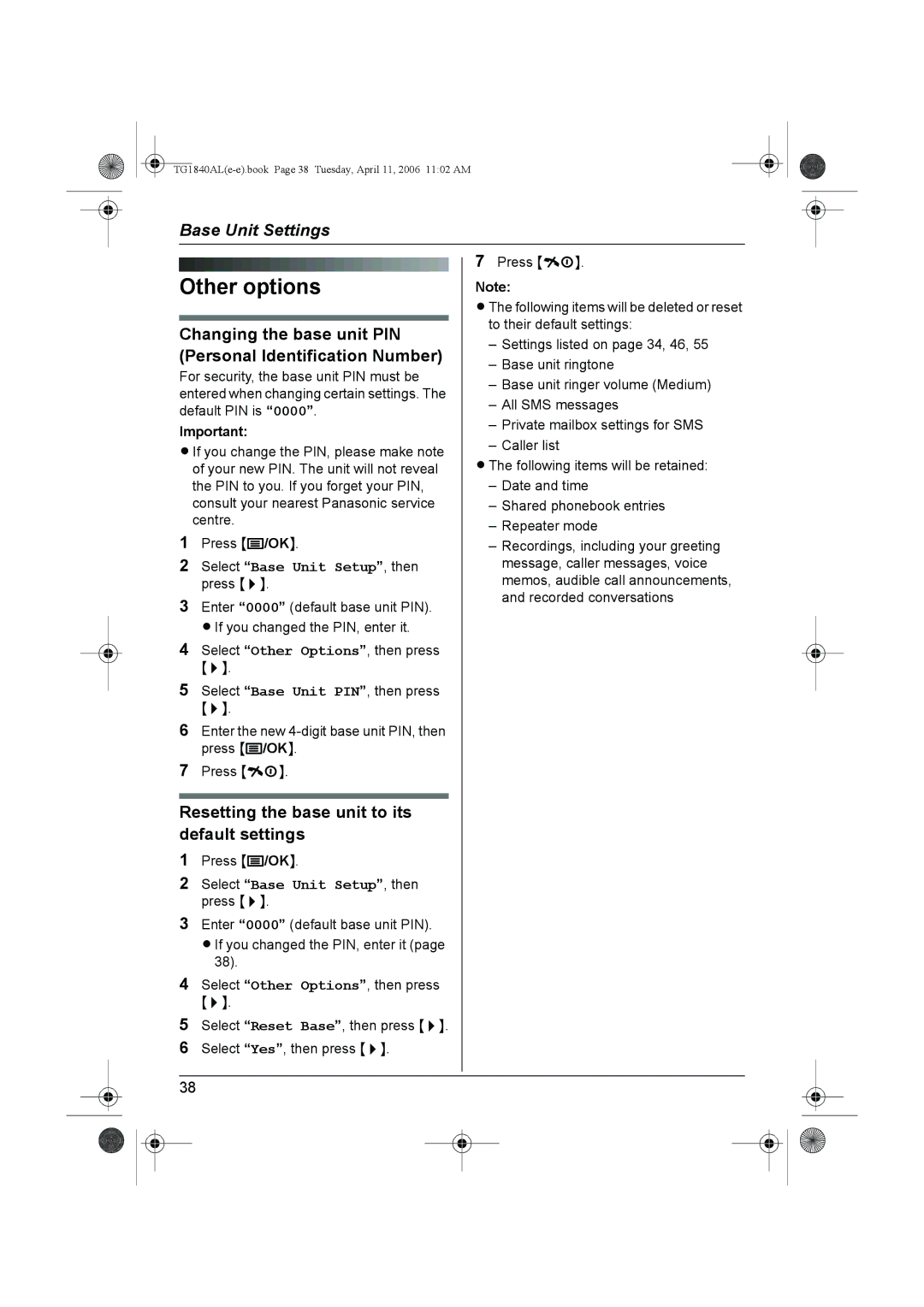 Panasonic KX-TG1840AL operating instructions Resetting the base unit to its default settings 