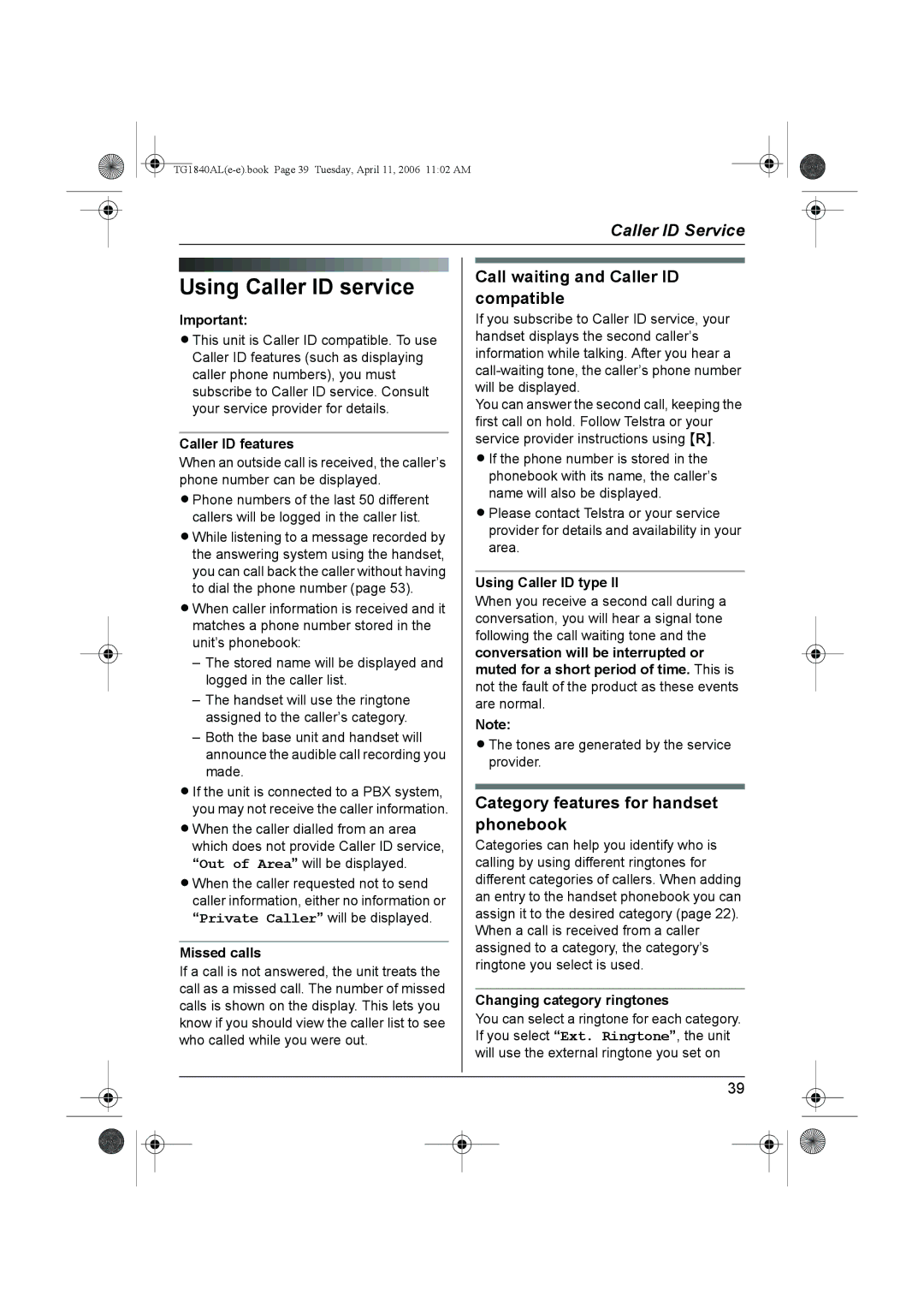 Panasonic KX-TG1840AL operating instructions Using Caller ID service, Call waiting and Caller ID compatible 