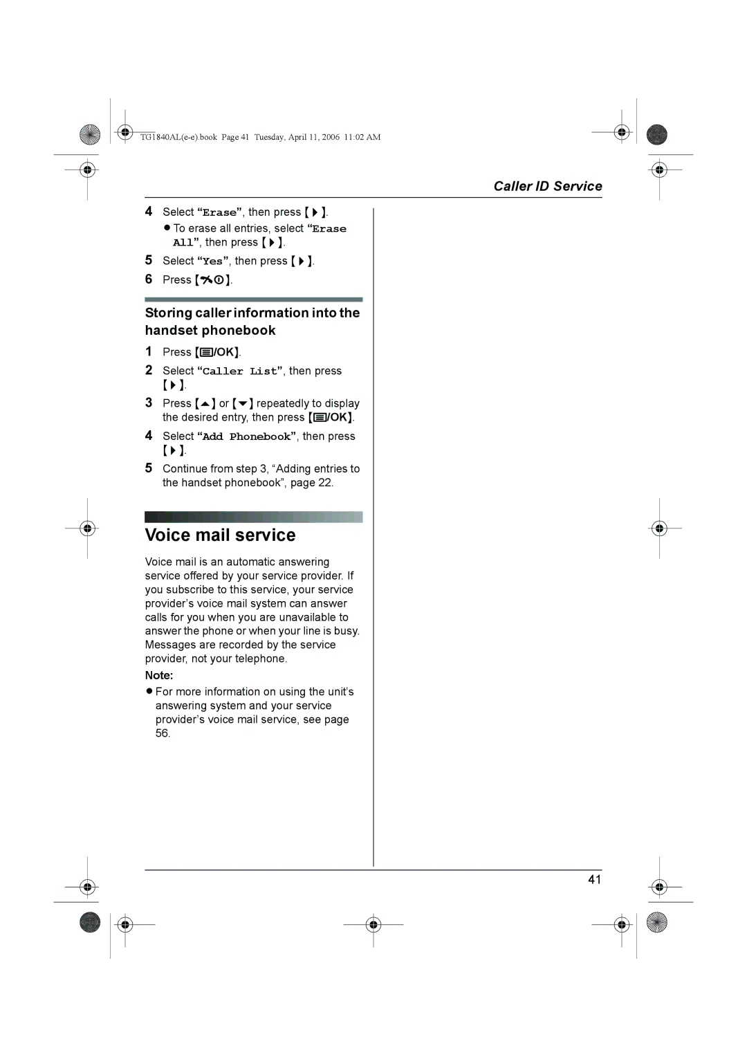 Panasonic KX-TG1840AL operating instructions Voice mail service, Storing caller information into the handset phonebook 