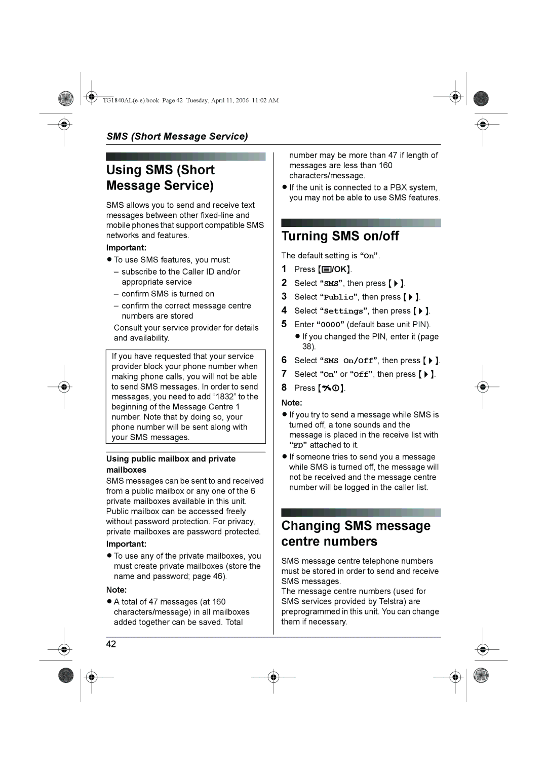 Panasonic KX-TG1840AL Using SMS Short Message Service, Turning SMS on/off, Using public mailbox and private mailboxes 