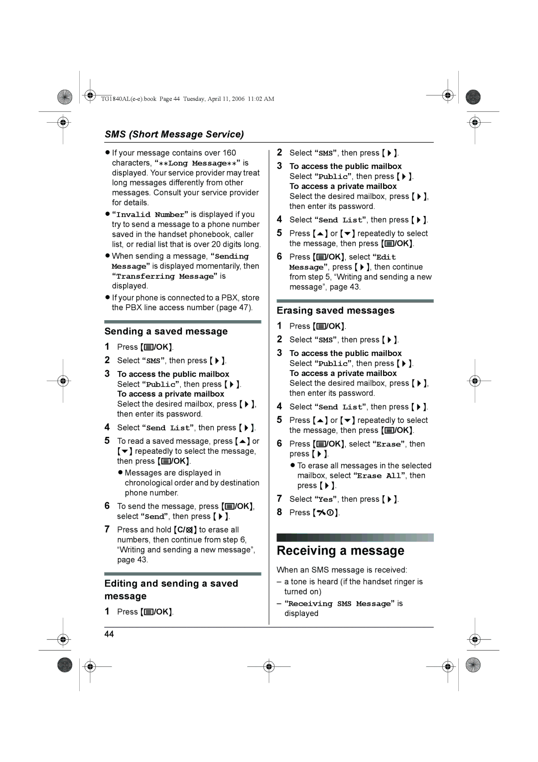 Panasonic KX-TG1840AL Receiving a message, Sending a saved message, Editing and sending a saved message 