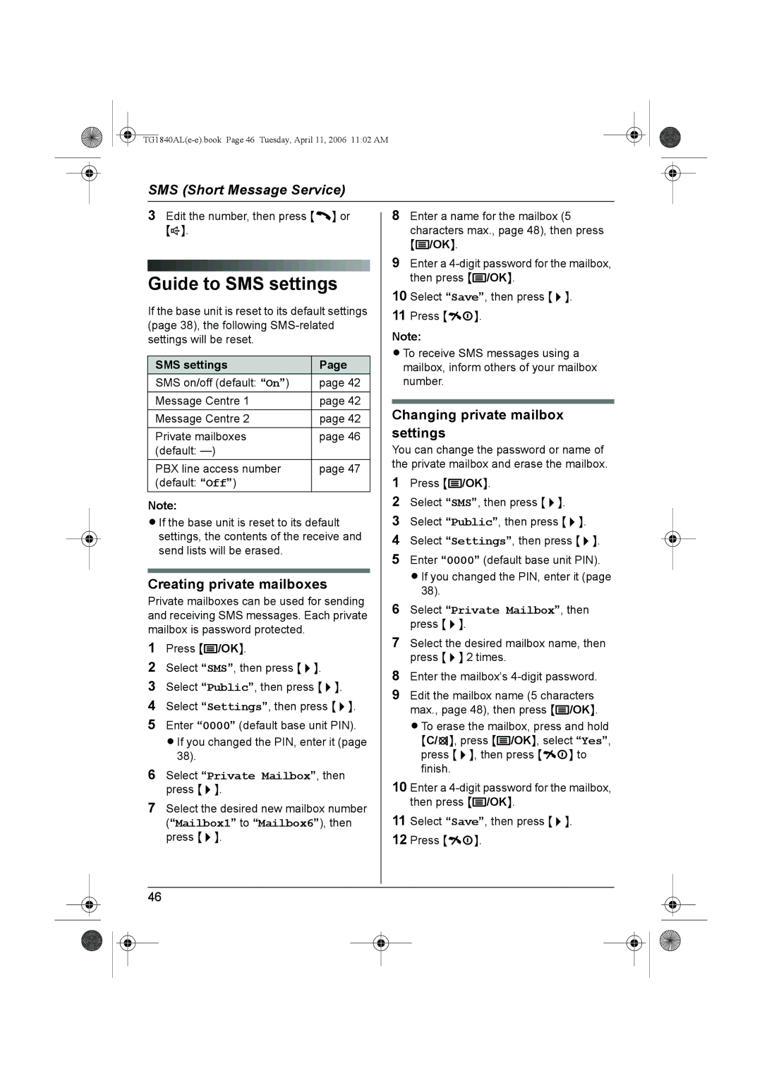 Panasonic KX-TG1840AL Guide to SMS settings, Creating private mailboxes, Changing private mailbox settings 