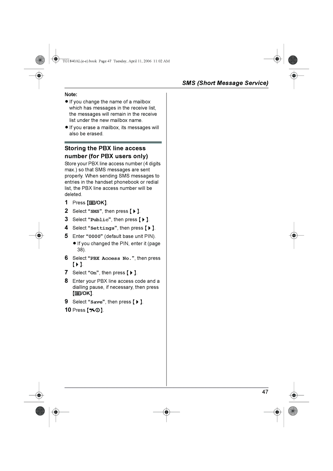 Panasonic KX-TG1840AL operating instructions Storing the PBX line access number for PBX users only 