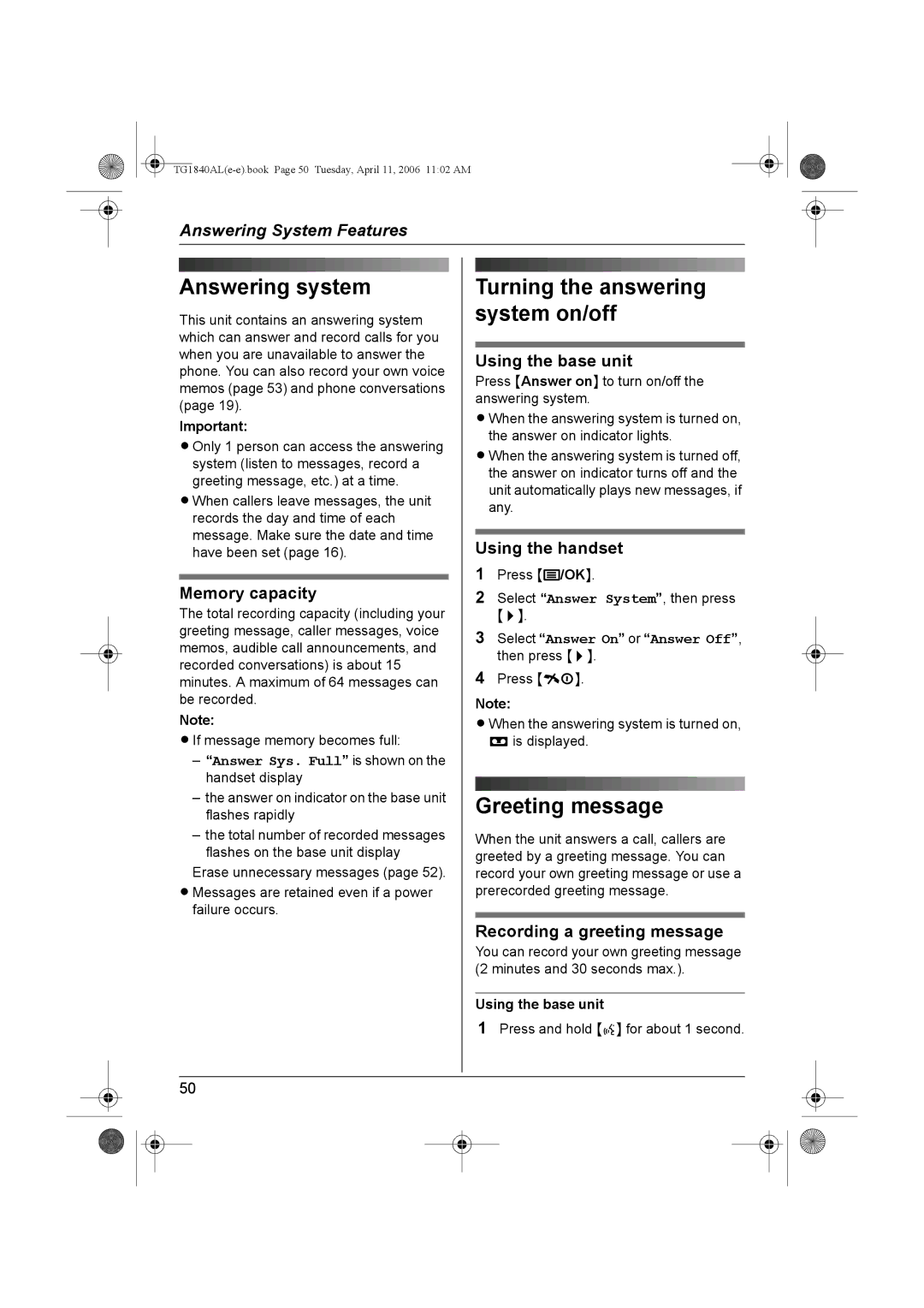 Panasonic KX-TG1840AL operating instructions Answering system, Greeting message 