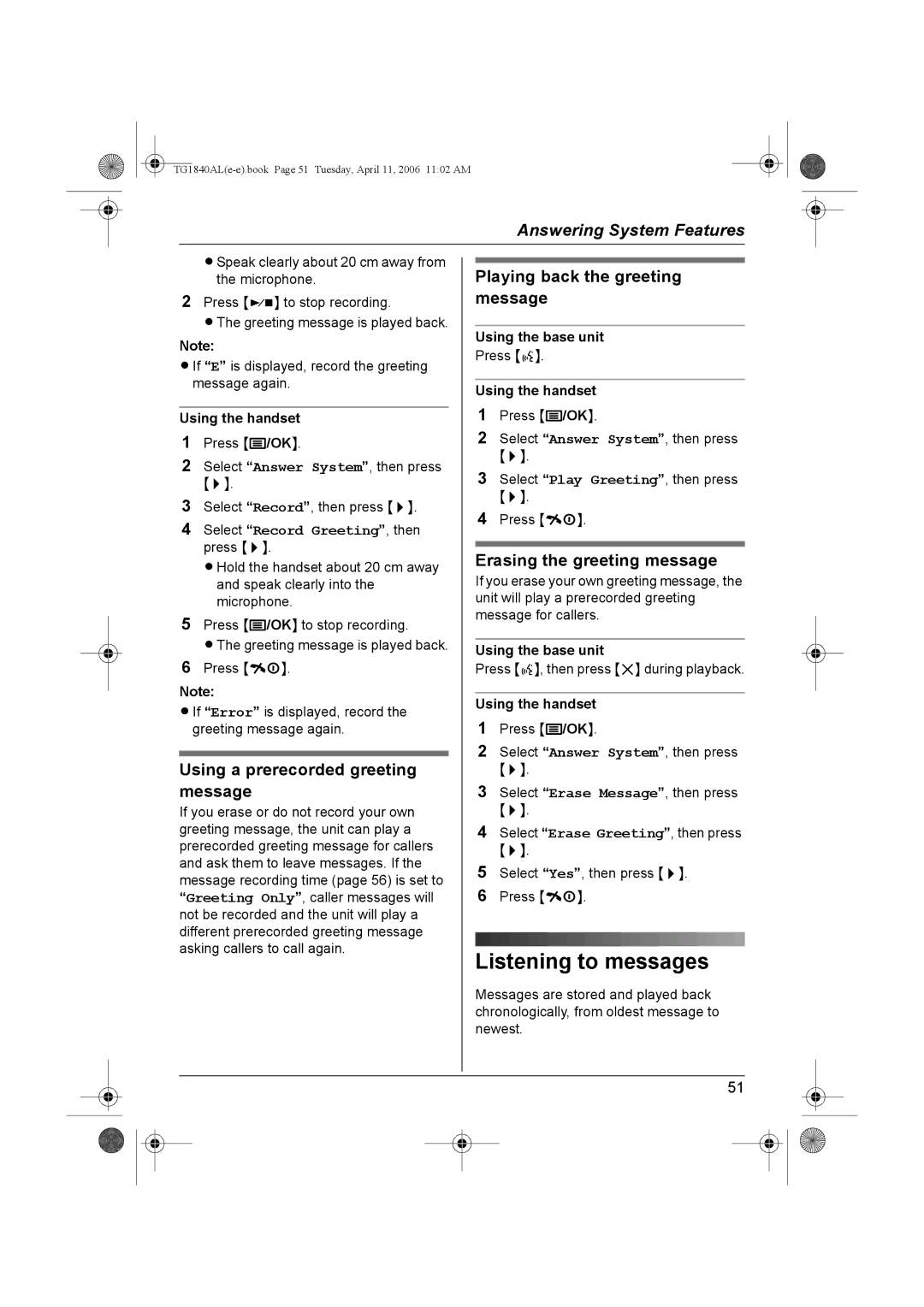 Panasonic KX-TG1840AL Listening to messages, Using a prerecorded greeting message, Playing back the greeting message 