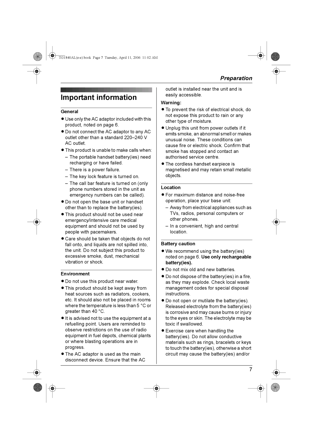 Panasonic KX-TG1840AL operating instructions Important information, General, Environment, Location, Battery caution 