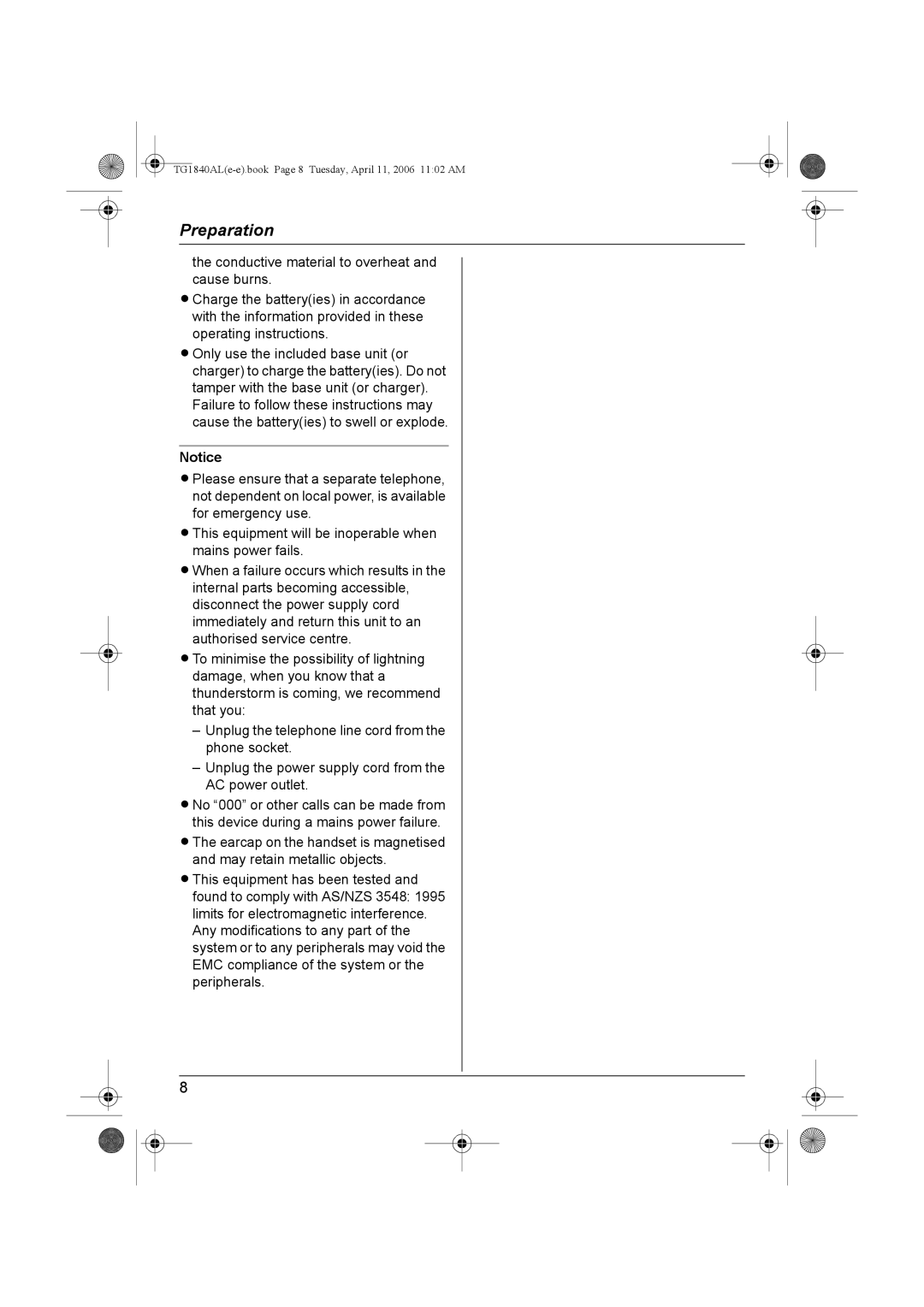 Panasonic KX-TG1840AL operating instructions TG1840ALe-e.book Page 8 Tuesday, April 11, 2006 1102 AM 