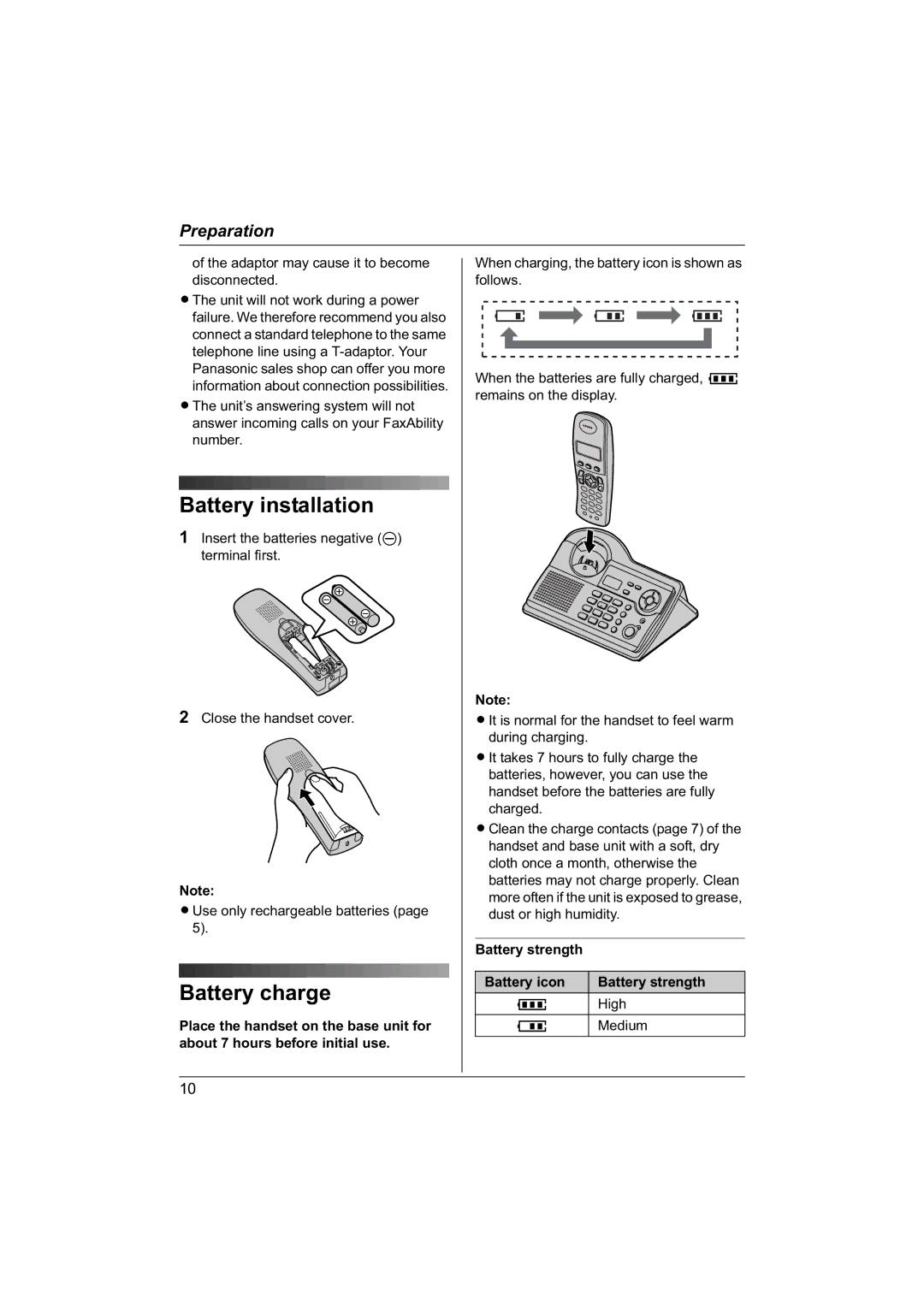 Panasonic KX-TG1840NZ operating instructions Battery installation, Battery charge, Battery strength Battery icon 