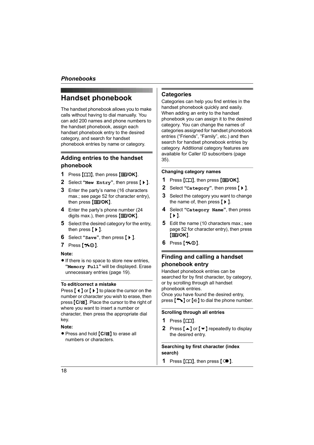 Panasonic KX-TG1840NZ operating instructions Handset phonebook, Adding entries to the handset phonebook, Categories 