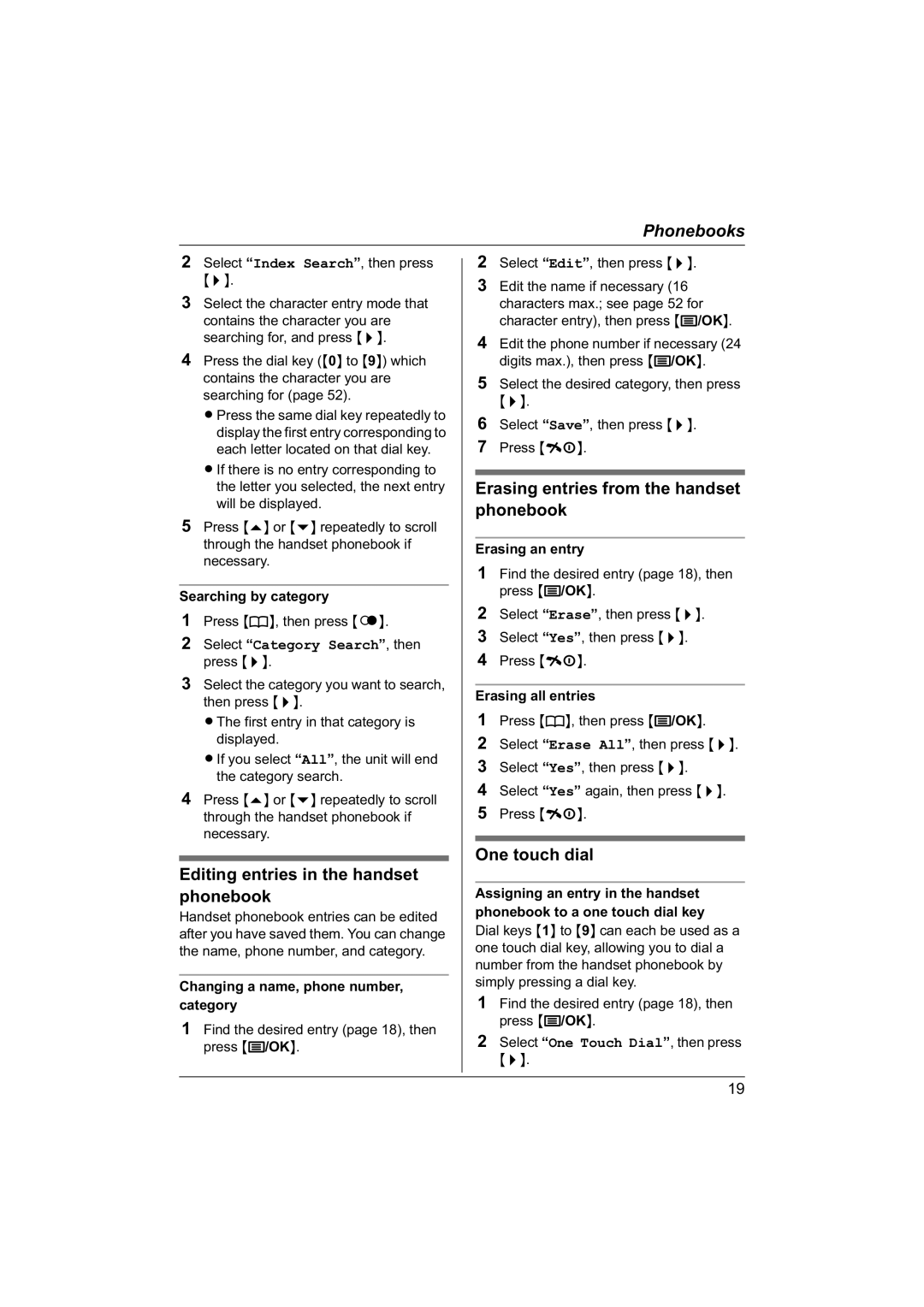 Panasonic KX-TG1840NZ operating instructions Erasing entries from the handset, Phonebook, One touch dial 