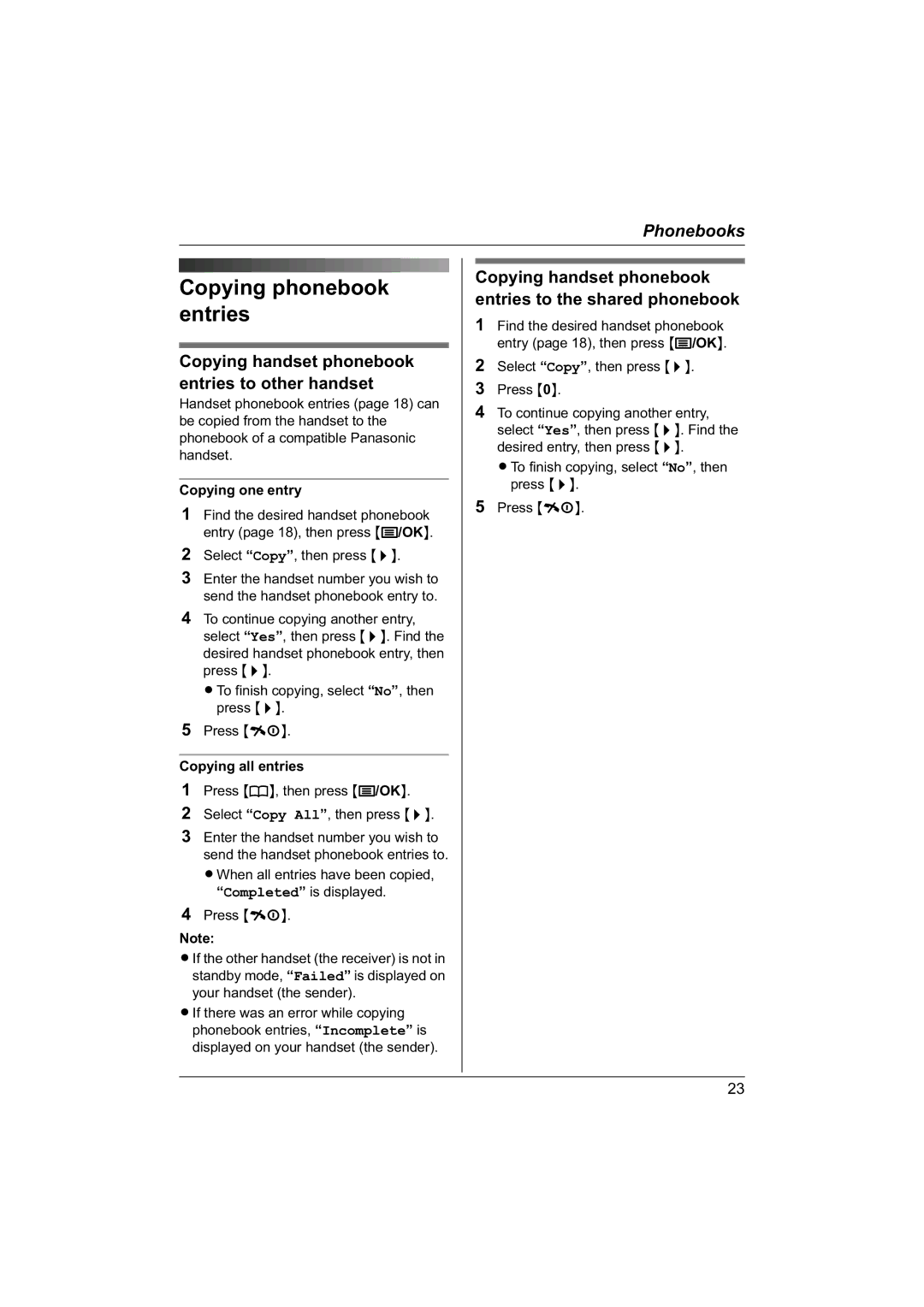 Panasonic KX-TG1840NZ Copying phonebook entries, Copying handset phonebook entries to other handset, Copying one entry 