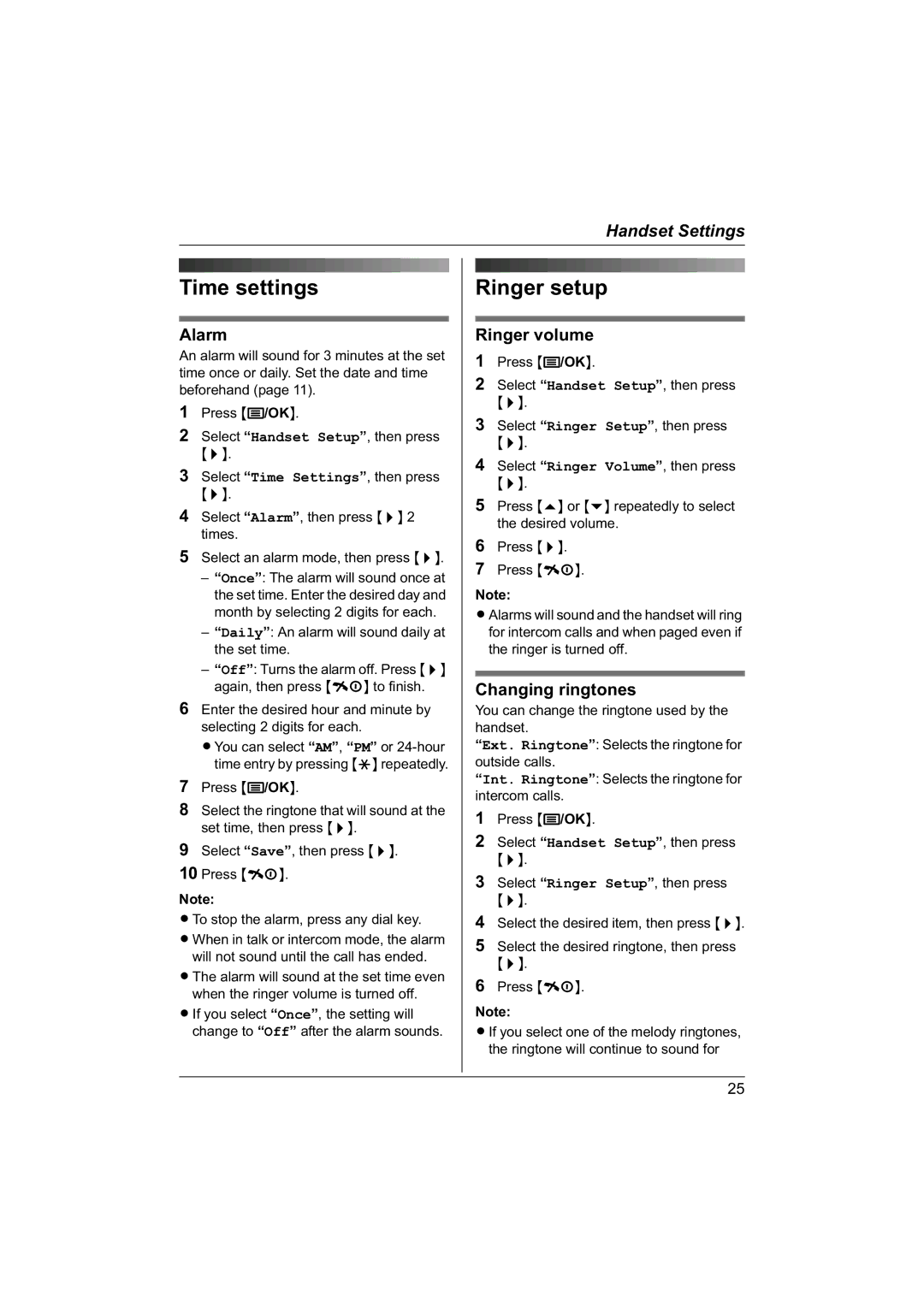 Panasonic KX-TG1840NZ operating instructions Time settings, Ringer setup, Alarm, Ringer volume, Changing ringtones 