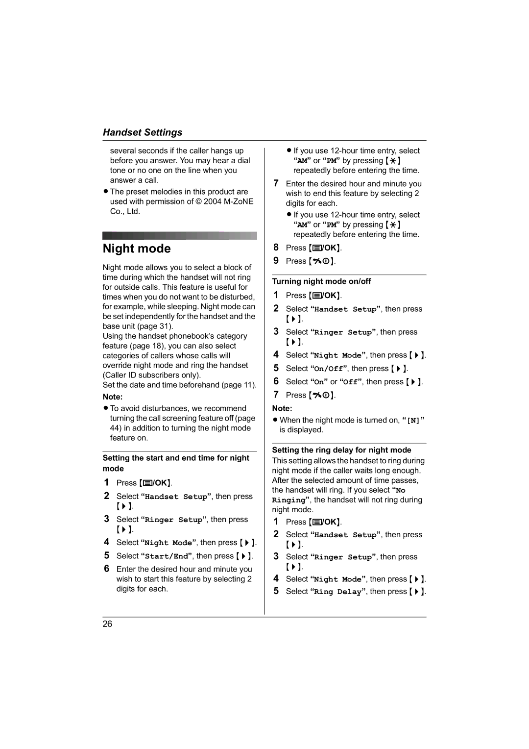 Panasonic KX-TG1840NZ Night mode, Setting the start and end time for night mode, Turning night mode on/off 