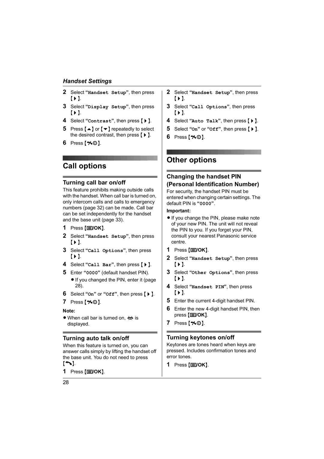 Panasonic KX-TG1840NZ operating instructions Call options, Other options 