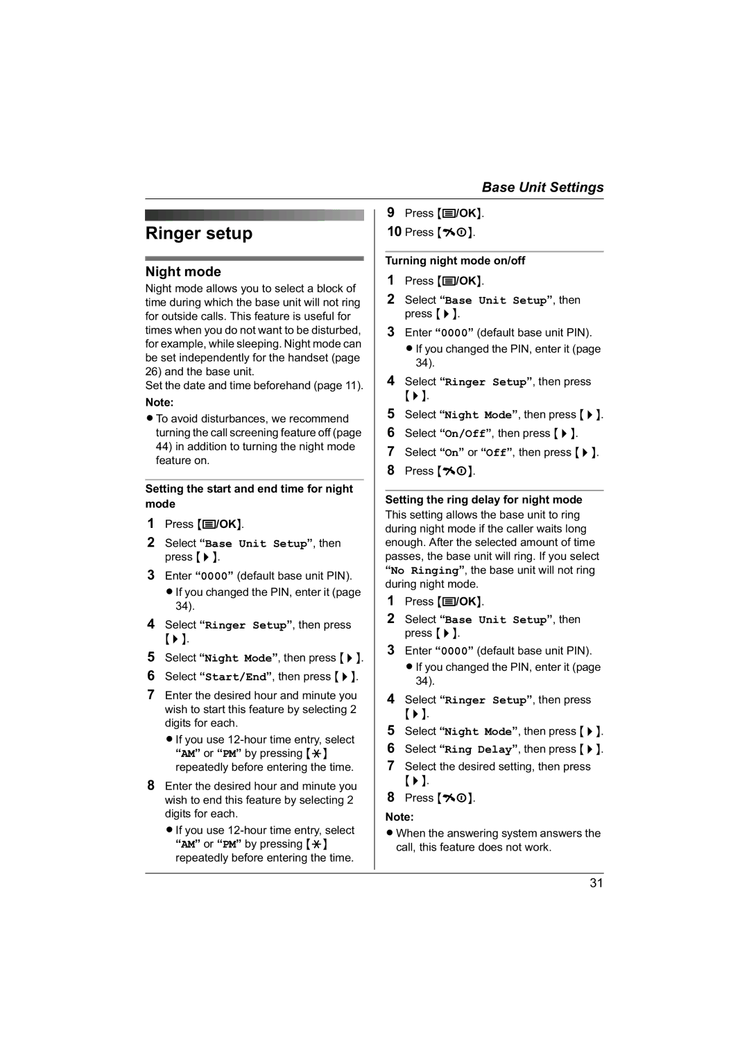 Panasonic KX-TG1840NZ operating instructions Ringer setup, Night mode 