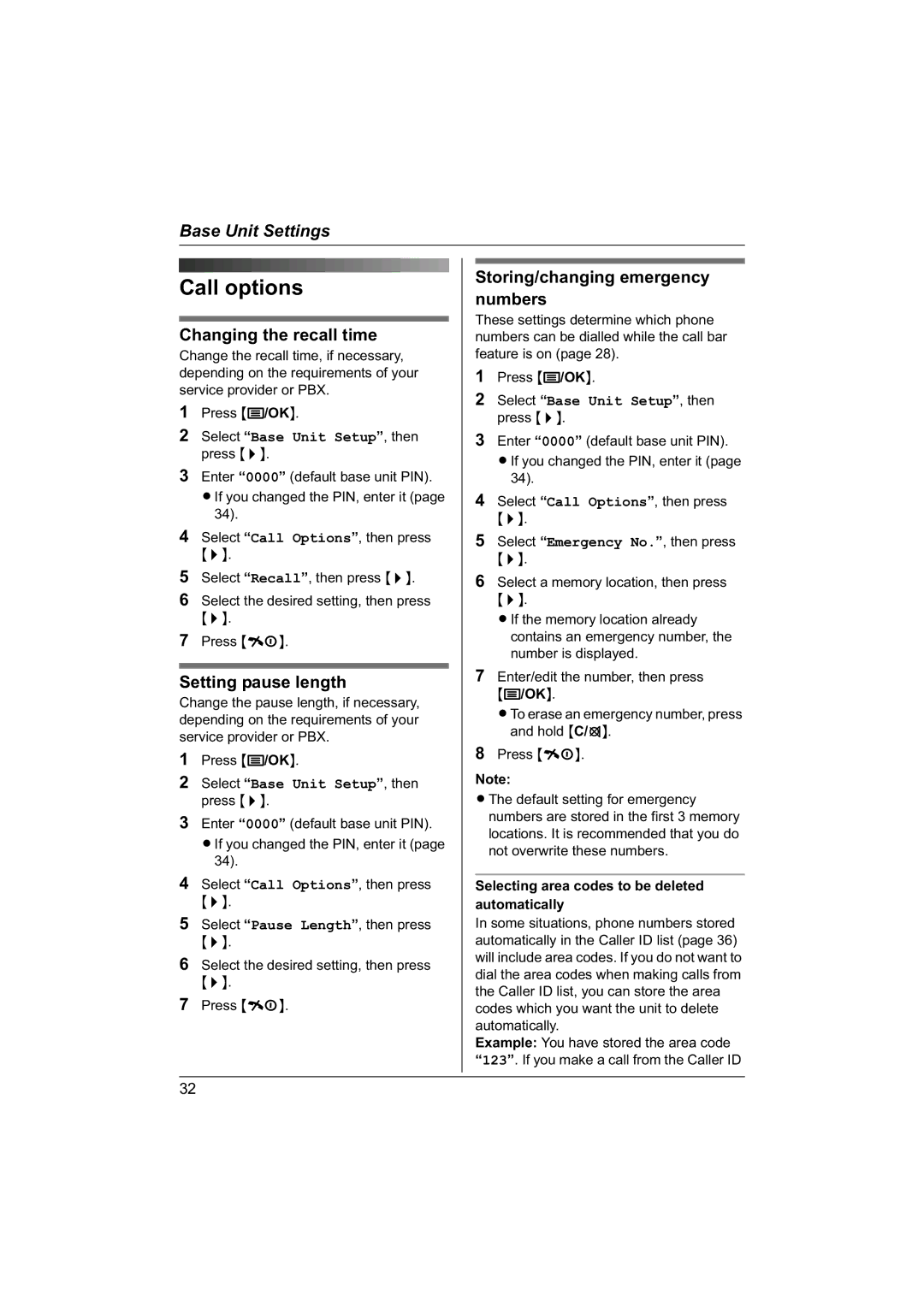 Panasonic KX-TG1840NZ Changing the recall time, Setting pause length, Storing/changing emergency numbers 