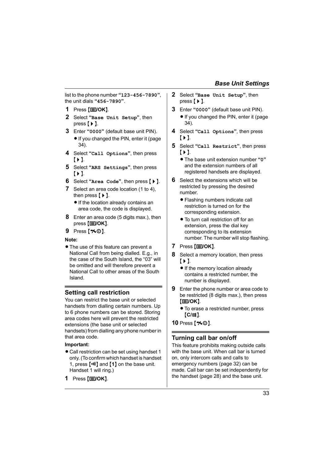 Panasonic KX-TG1840NZ operating instructions Setting call restriction, Turning call bar on/off 