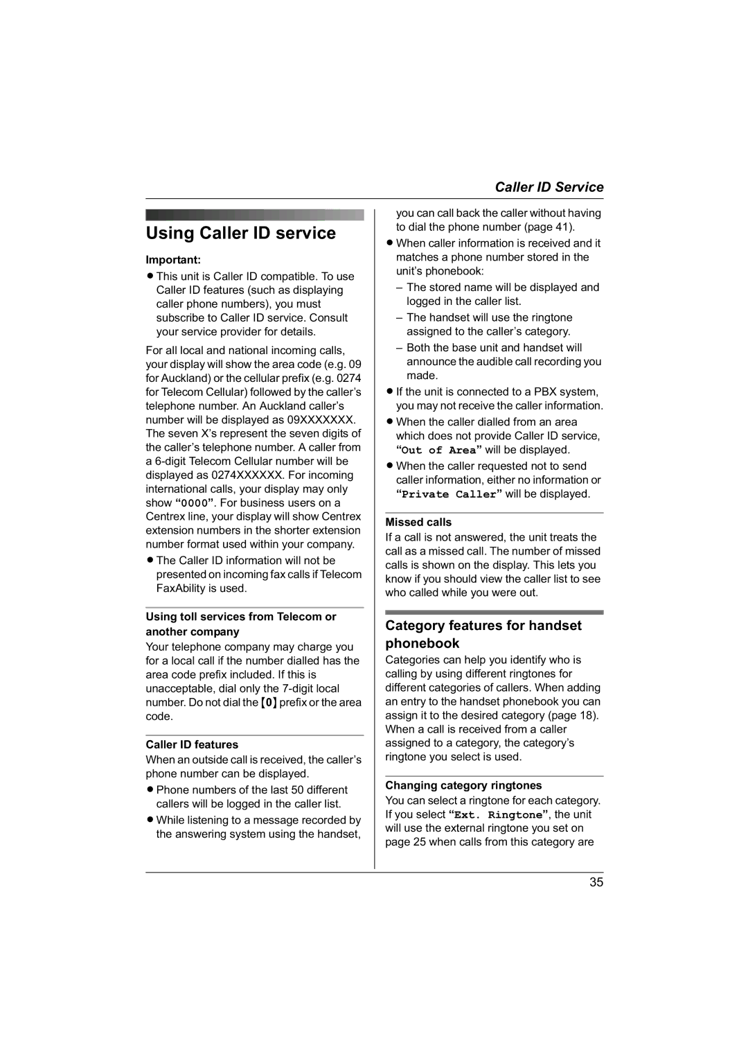 Panasonic KX-TG1840NZ operating instructions Using Caller ID service, Category features for handset phonebook 