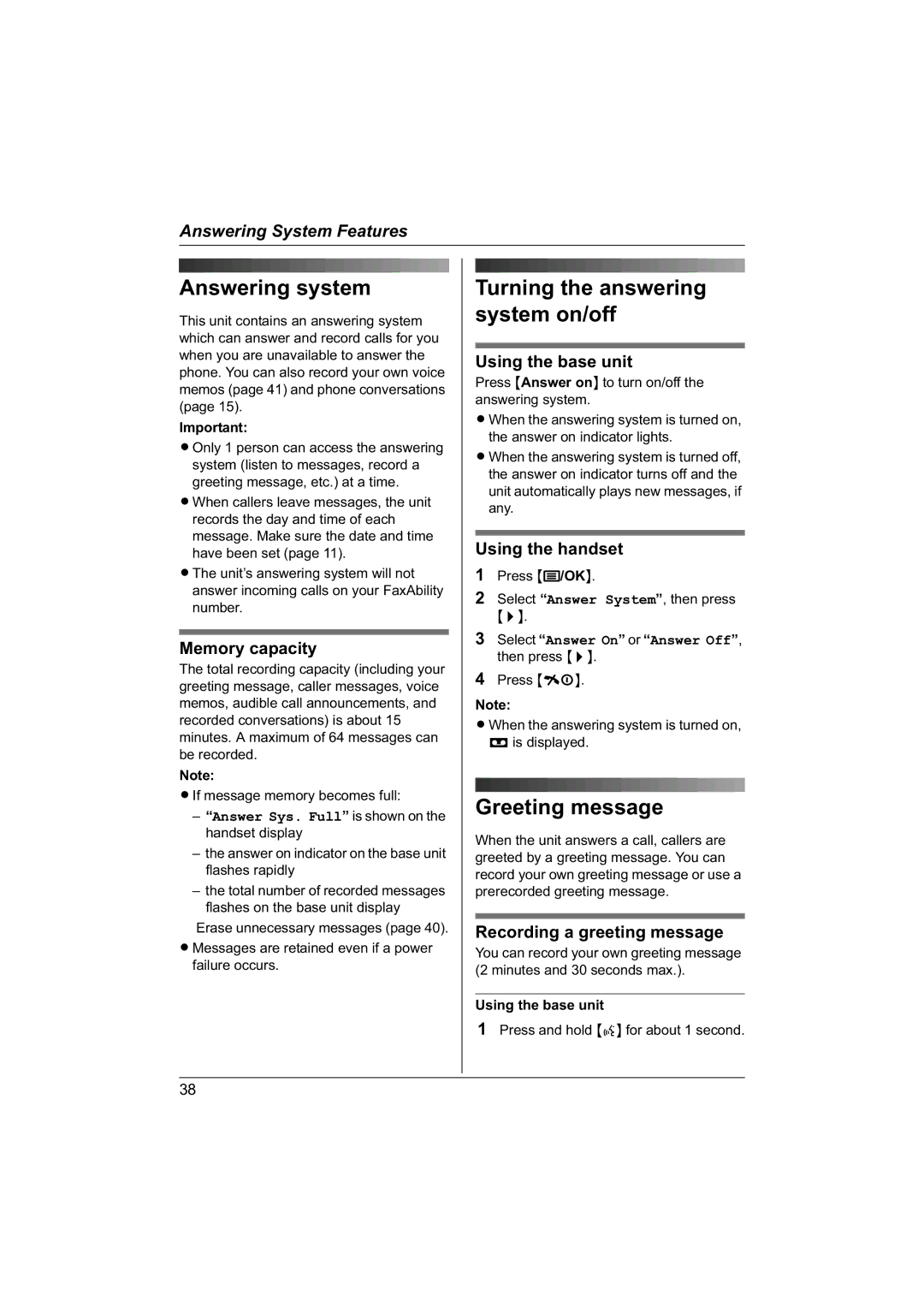 Panasonic KX-TG1840NZ operating instructions Answering system, Greeting message 