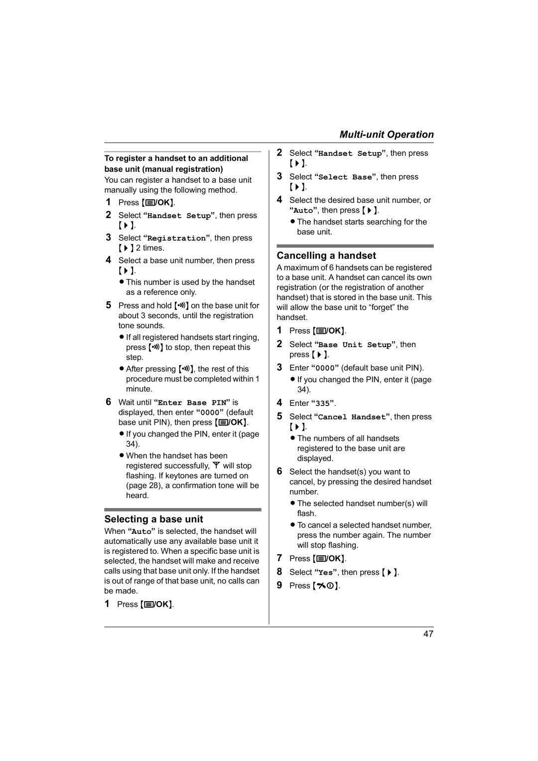 Panasonic KX-TG1840NZ operating instructions Selecting a base unit, Cancelling a handset 