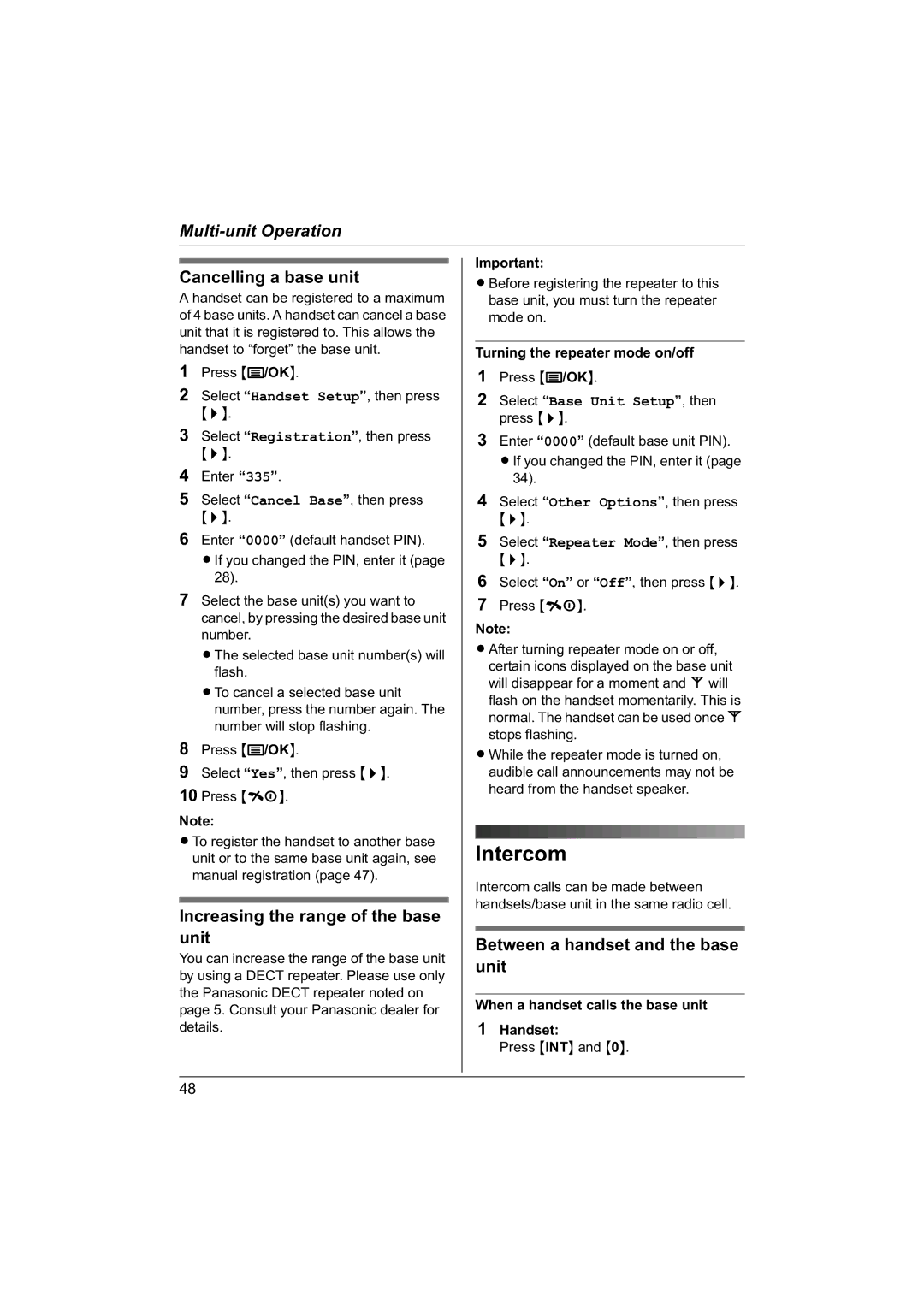 Panasonic KX-TG1840NZ operating instructions Intercom, Cancelling a base unit, Increasing the range of the base unit 