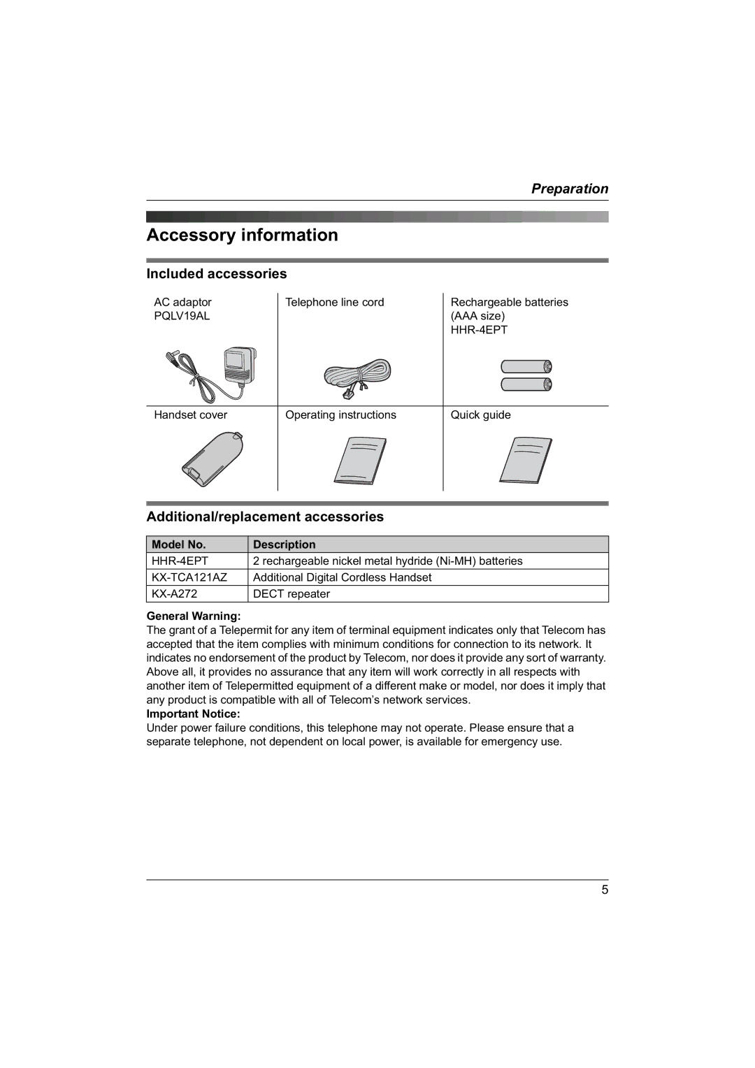 Panasonic KX-TG1840NZ Accessory information, Included accessories, Additional/replacement accessories 