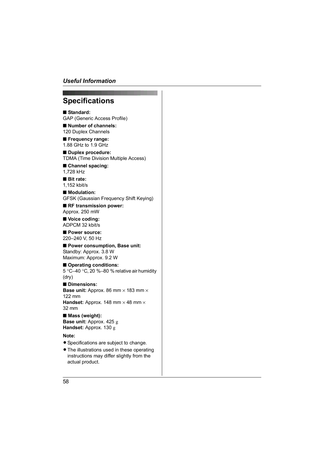 Panasonic KX-TG1840NZ operating instructions Specifications 