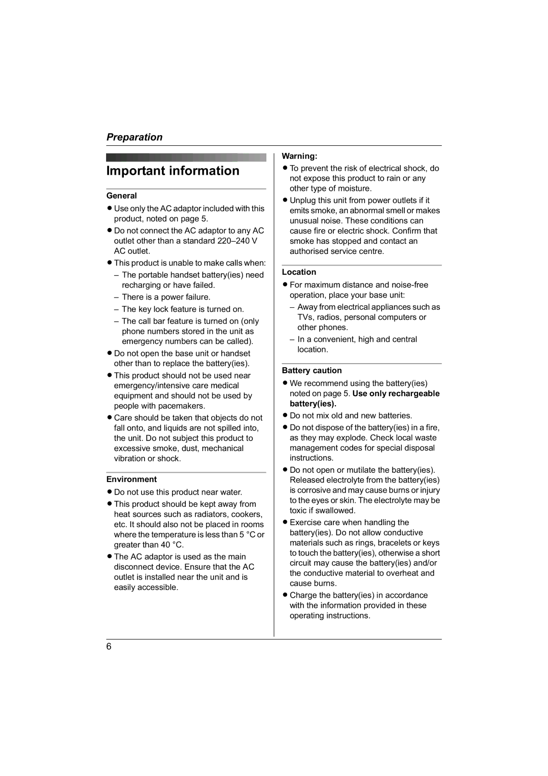 Panasonic KX-TG1840NZ operating instructions Important information, General, Environment, Location, Battery caution 