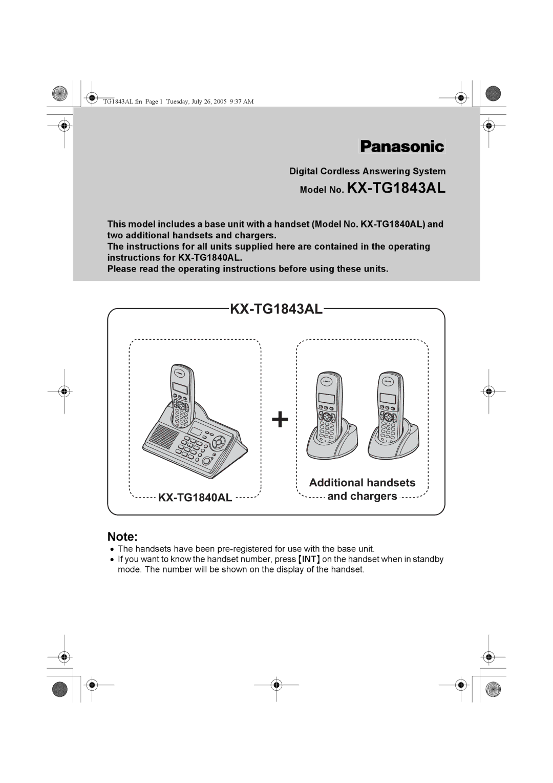 Panasonic operating instructions Model No. KX-TG1843AL, Additional handsets, KX-TG1840AL, Chargers 