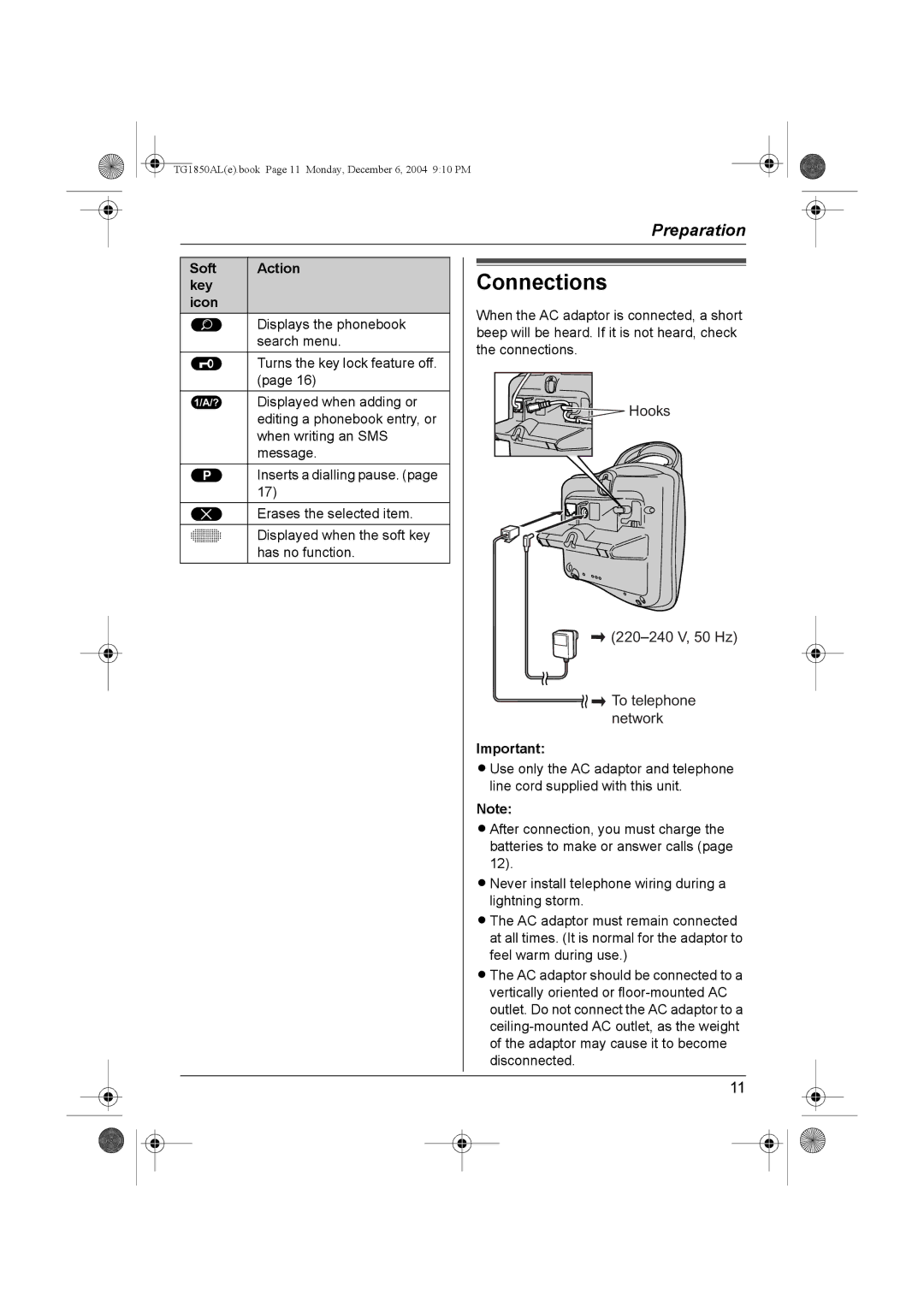 Panasonic KX-TG1850ALT operating instructions Connections, Soft Action Key Icon 