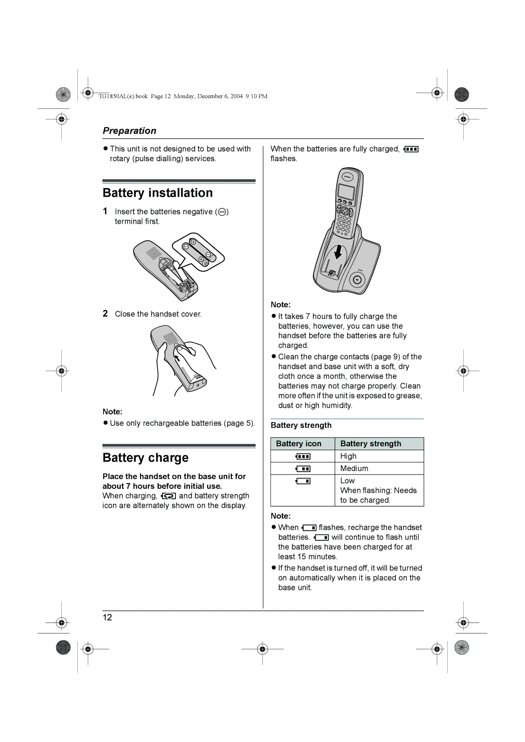 Panasonic KX-TG1850ALT operating instructions Battery installation, Battery charge, Battery strength Battery icon 