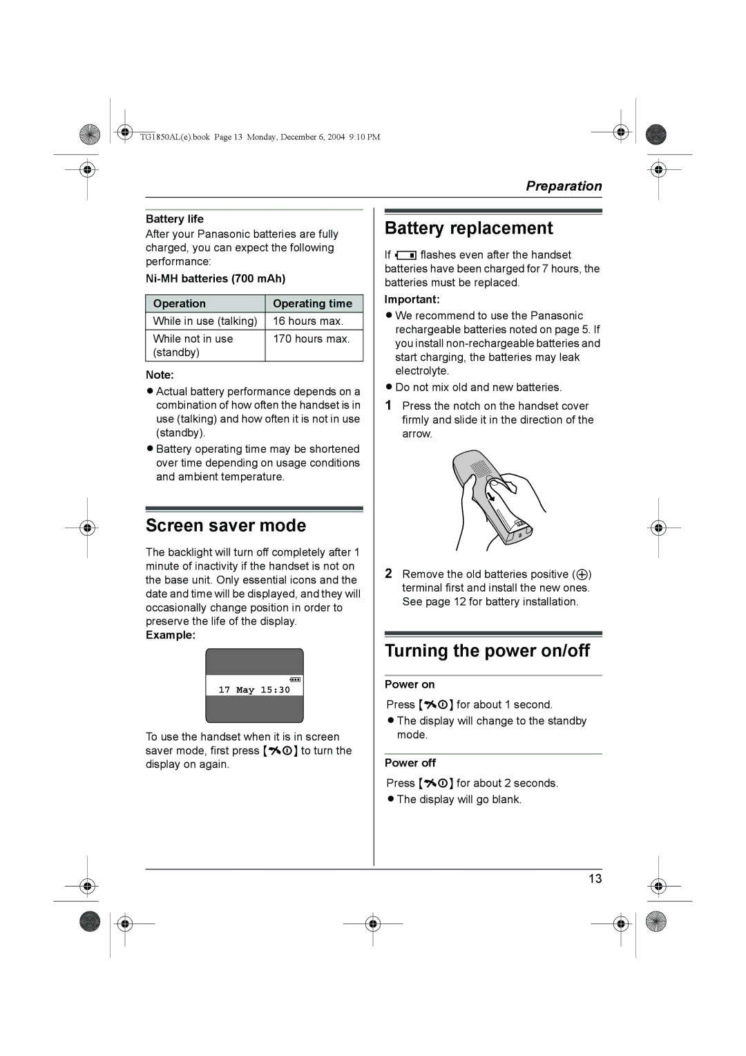 Panasonic KX-TG1850ALT operating instructions Screen saver mode, Battery replacement, Turning the power on/off 