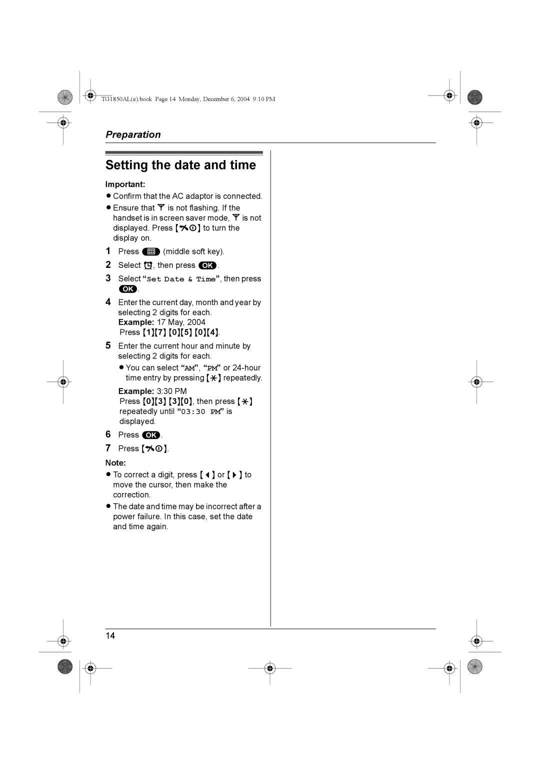 Panasonic KX-TG1850ALT operating instructions Setting the date and time, Example 330 PM 