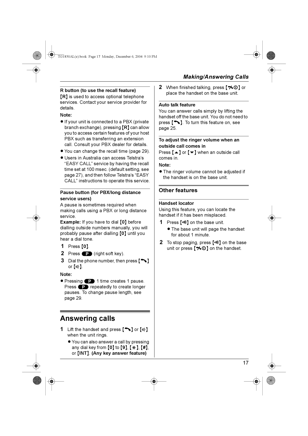 Panasonic KX-TG1850ALT operating instructions Answering calls 