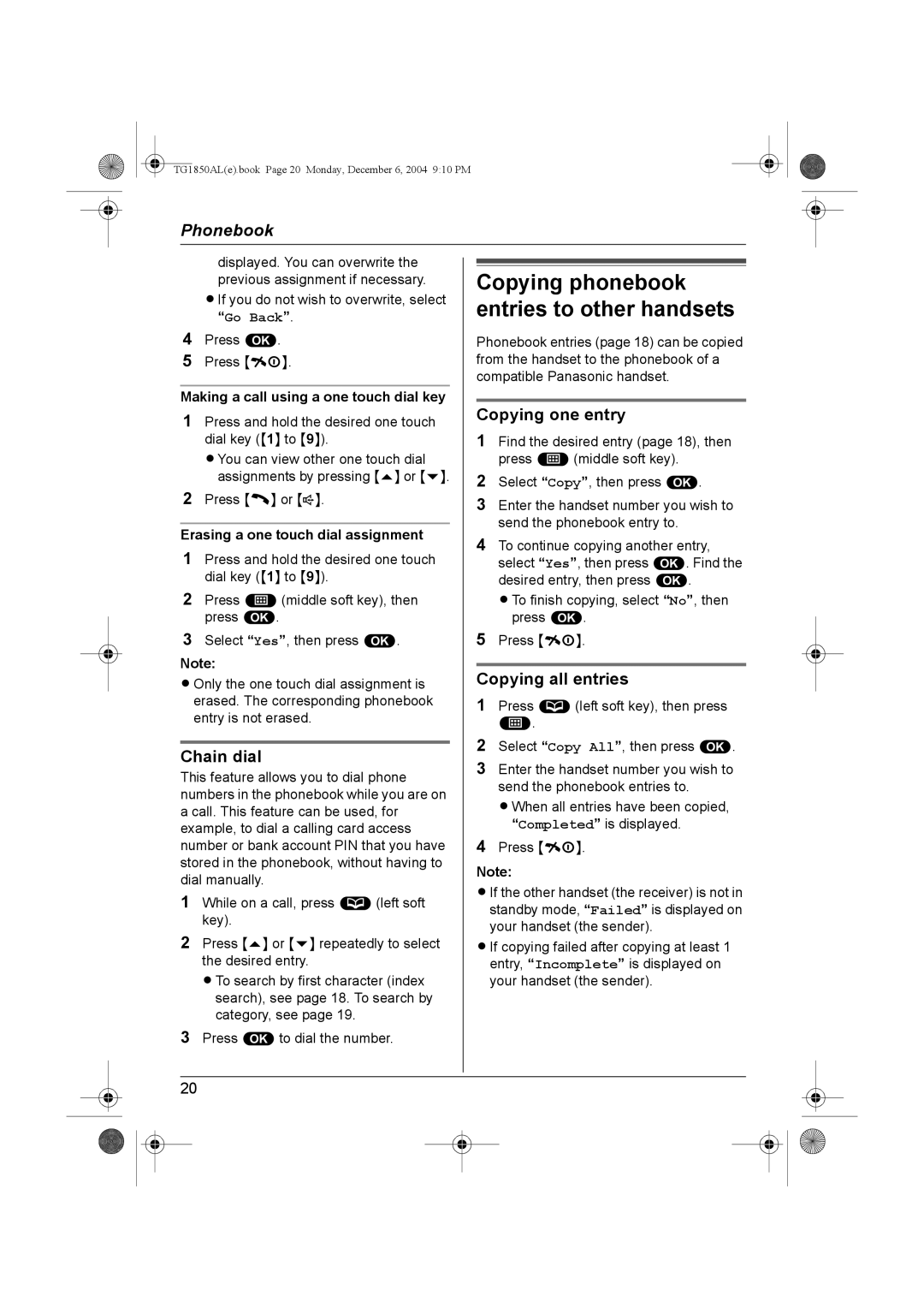 Panasonic KX-TG1850ALT Chain dial, Copying one entry, Copying all entries, Making a call using a one touch dial key 