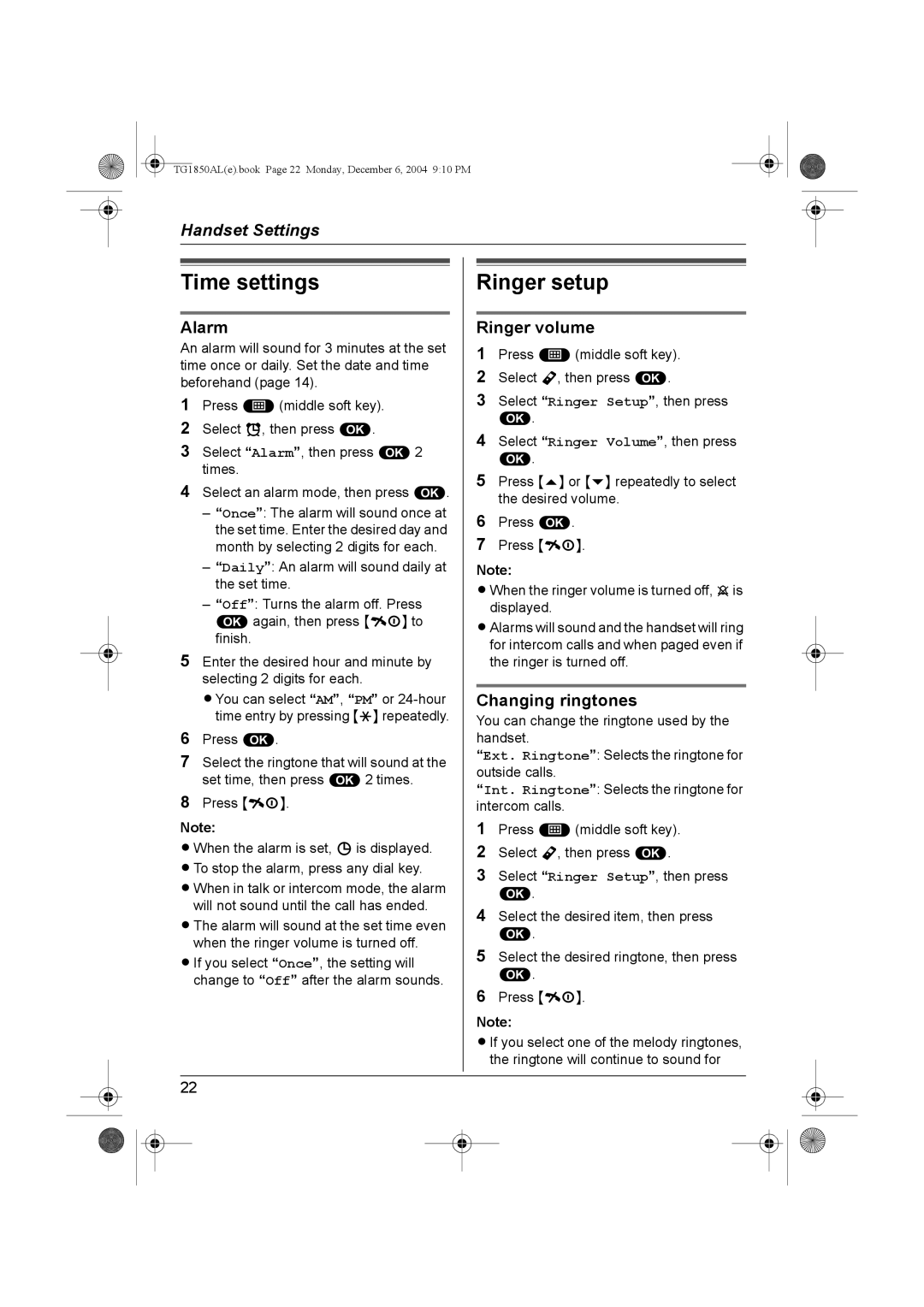 Panasonic KX-TG1850ALT operating instructions Time settings, Ringer setup, Alarm, Ringer volume, Changing ringtones 