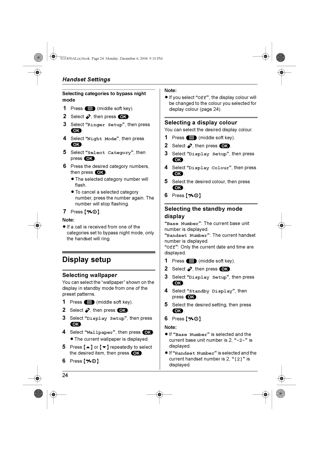 Panasonic KX-TG1850ALT Display setup, Selecting a display colour, Selecting the standby mode, Selecting wallpaper 