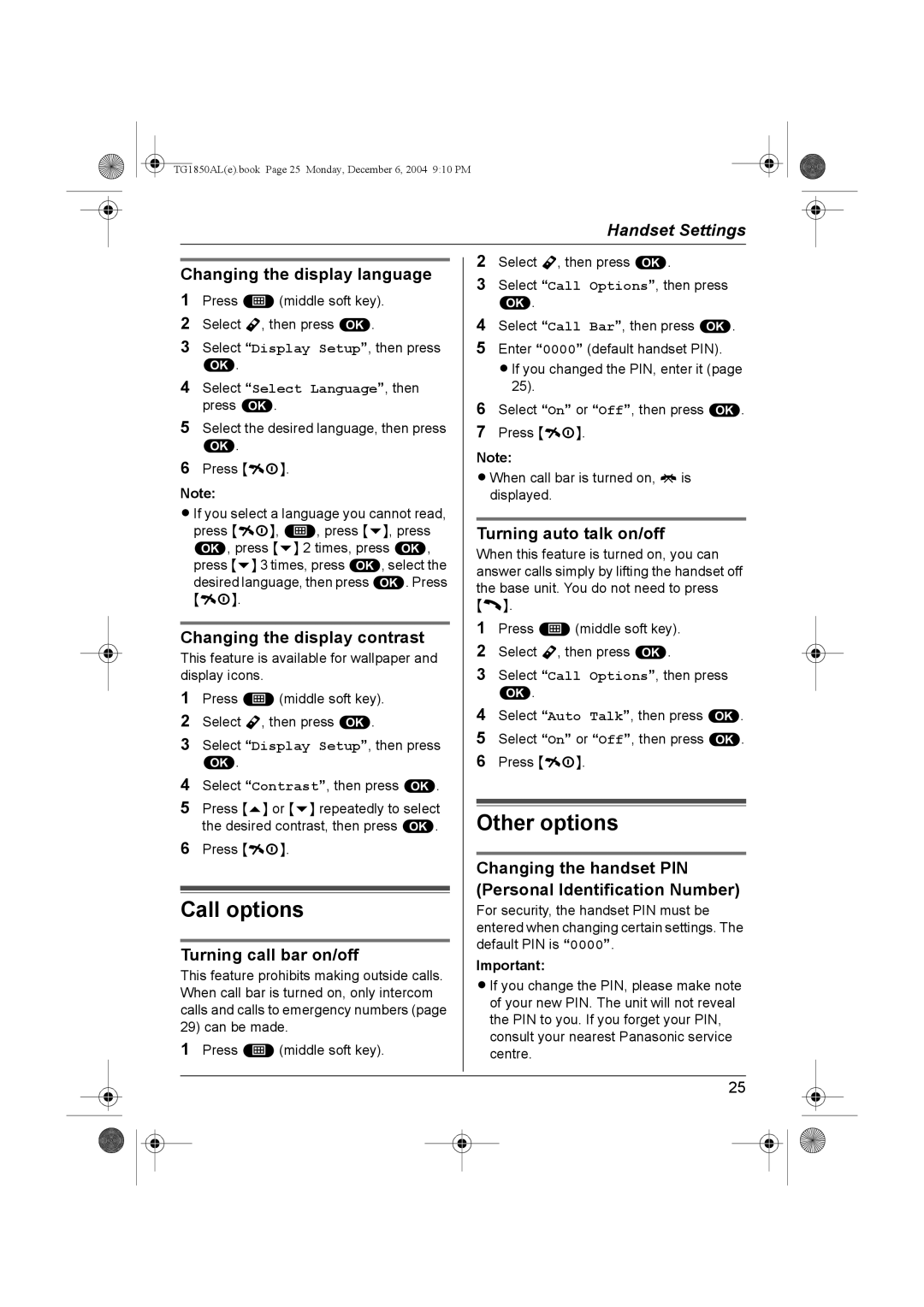 Panasonic KX-TG1850ALT operating instructions Call options 